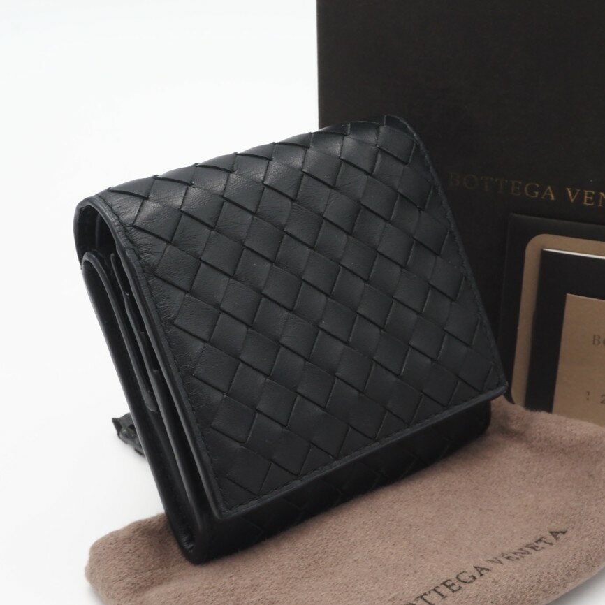 ★3日以内返品可★ 美品 BOTTEGAVENETA ボッテガヴェネタ イントレチャート小 レザー 二つ折り財布 - 二つ折り財布 ブラック カーフレザー メンズ【中古】