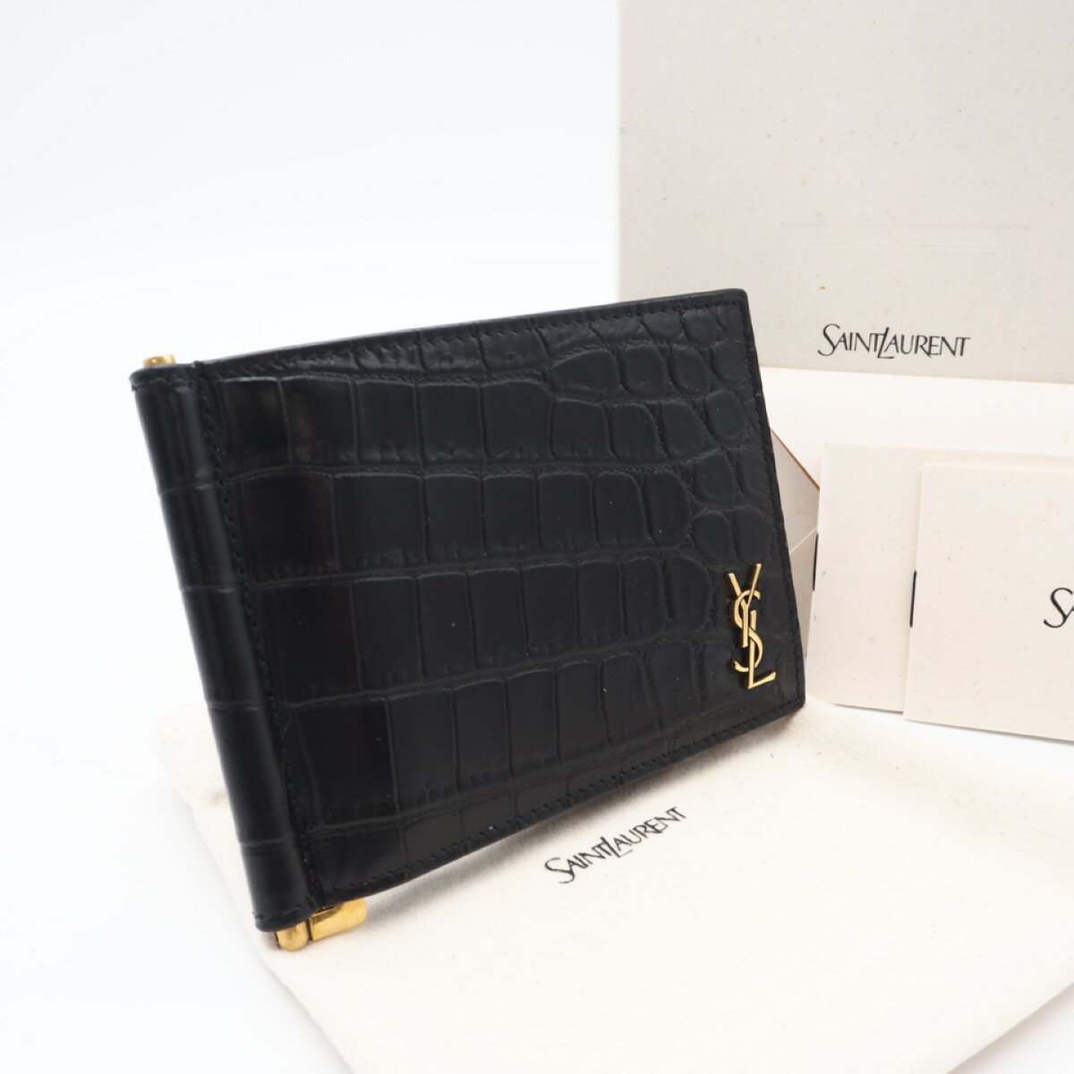 ★3日以内返品可★ 極美品 SAINT LAURENT PARIS サンローランパリ クロコ型押し ビルクリップ ウォレット 607738 マネークリップ ブラック クロコダイル レザー メンズ【中古】