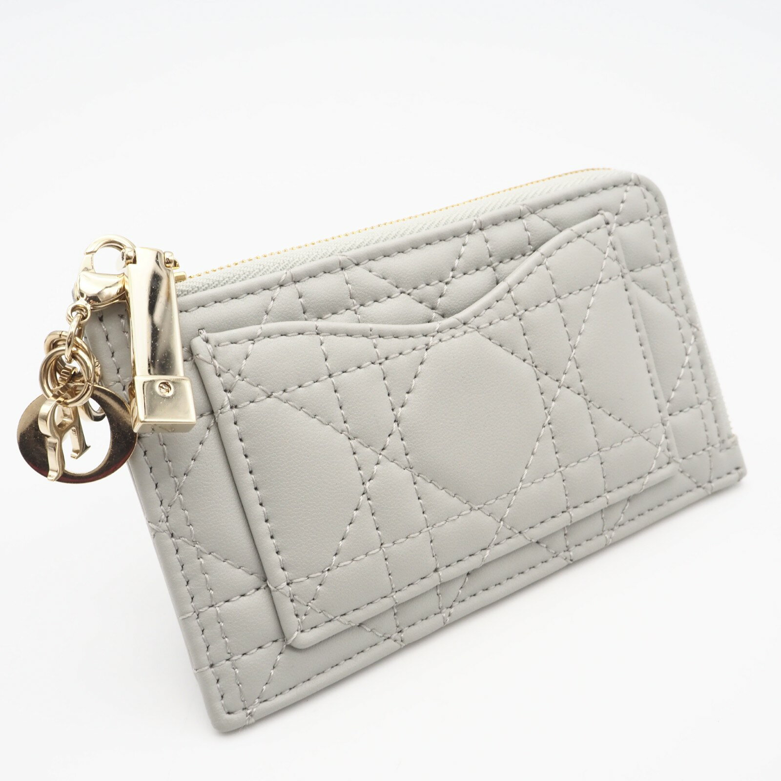 ★3日以内返品可★ 美品 Christian Dior クリスチャンディオール カナージュ ラムスキン Lady Dior Cosmos ジップ カードホルダー S0965ONMJ カードケース グレー ラムスキン レディース【中古】