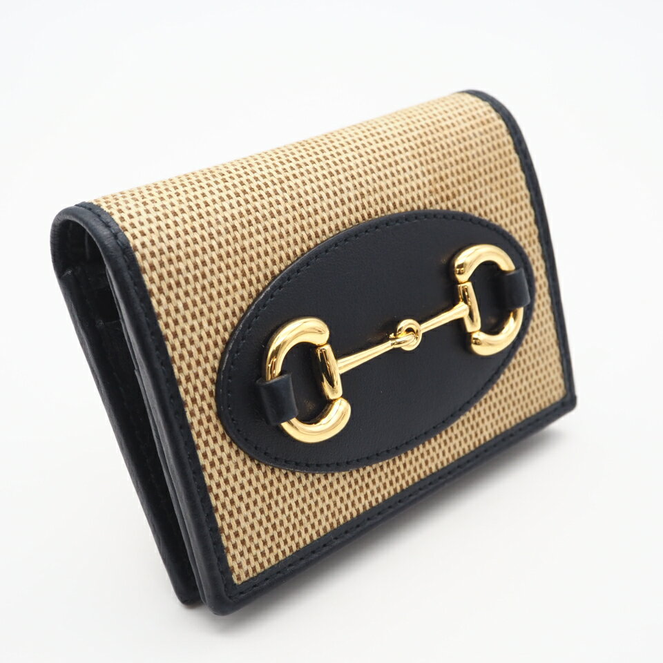 B, F, H, J, P, W - ★3日以内返品可★ 美品 GUCCI グッチ ホースビット 1955 カードケース ウォレット コイン＆紙幣入れ付き 621887 二つ折り財布 ベージュ ネイビー キャンバス レザー レディース【中古】