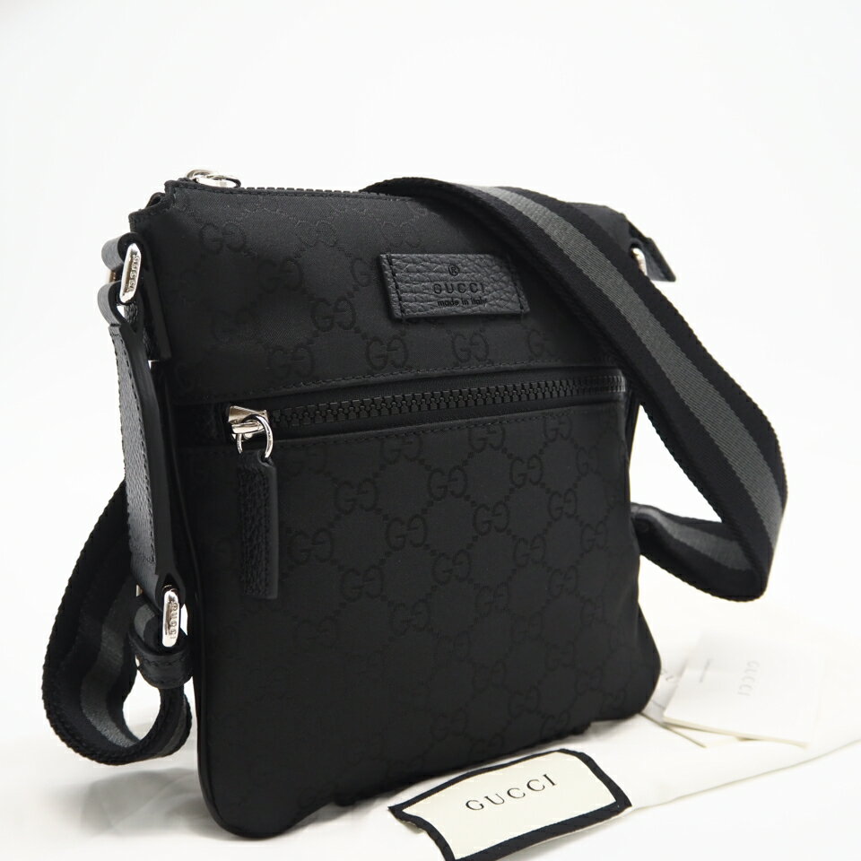 Rakuten - ★3日以内返品可★ 極美品 GUCCI グッチ GGナイロン メッセンジャー 449183 ショルダーバッグ ブラック グレー ナイロン レザー メンズ【中古】