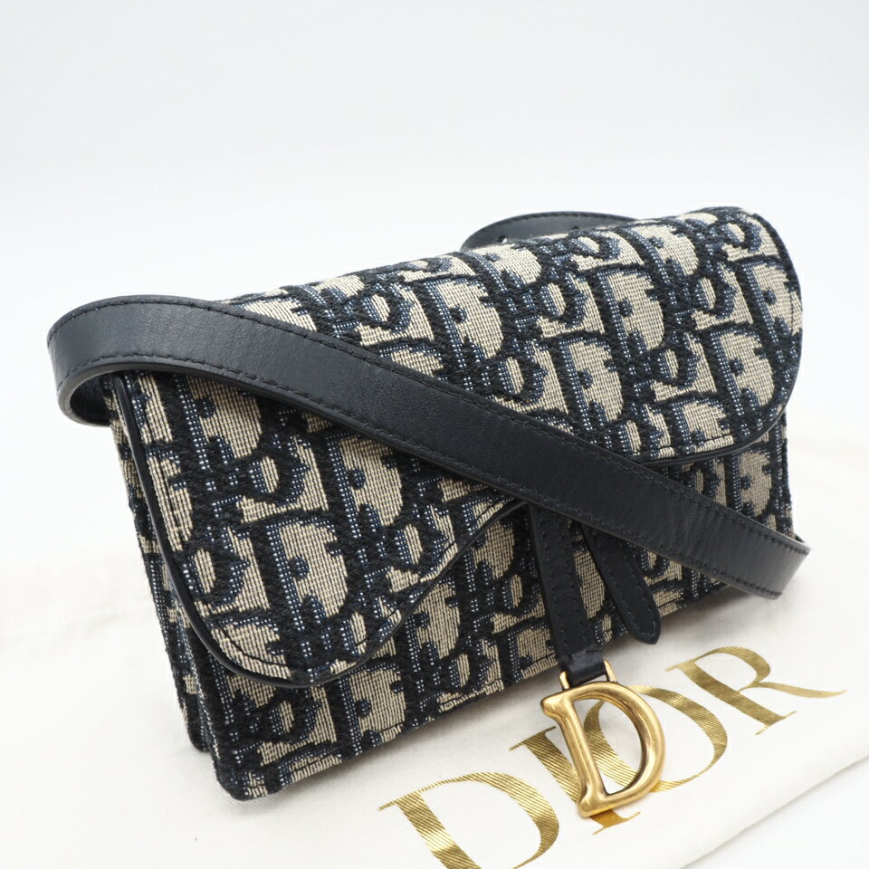 ★3日以内返品可★ 美品 Christian Dior クリスチャンディオール ディオール オブリーク ジャカード オブリーク トロッター サドル ベルトポーチ S5619CTZQ_M928 ショルダーバッグ ネイビー グレー キャンバス レディース【中古】