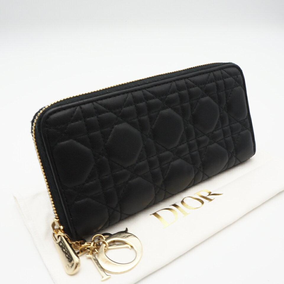 ★3日以内返品可★ 美品 Christian Dior クリスチャンディオール カナージュ ラムスキン Lady Dior Voyageur ウォレット S0007ONMJ 長財布 ブラック ラムスキン レディース【中古】