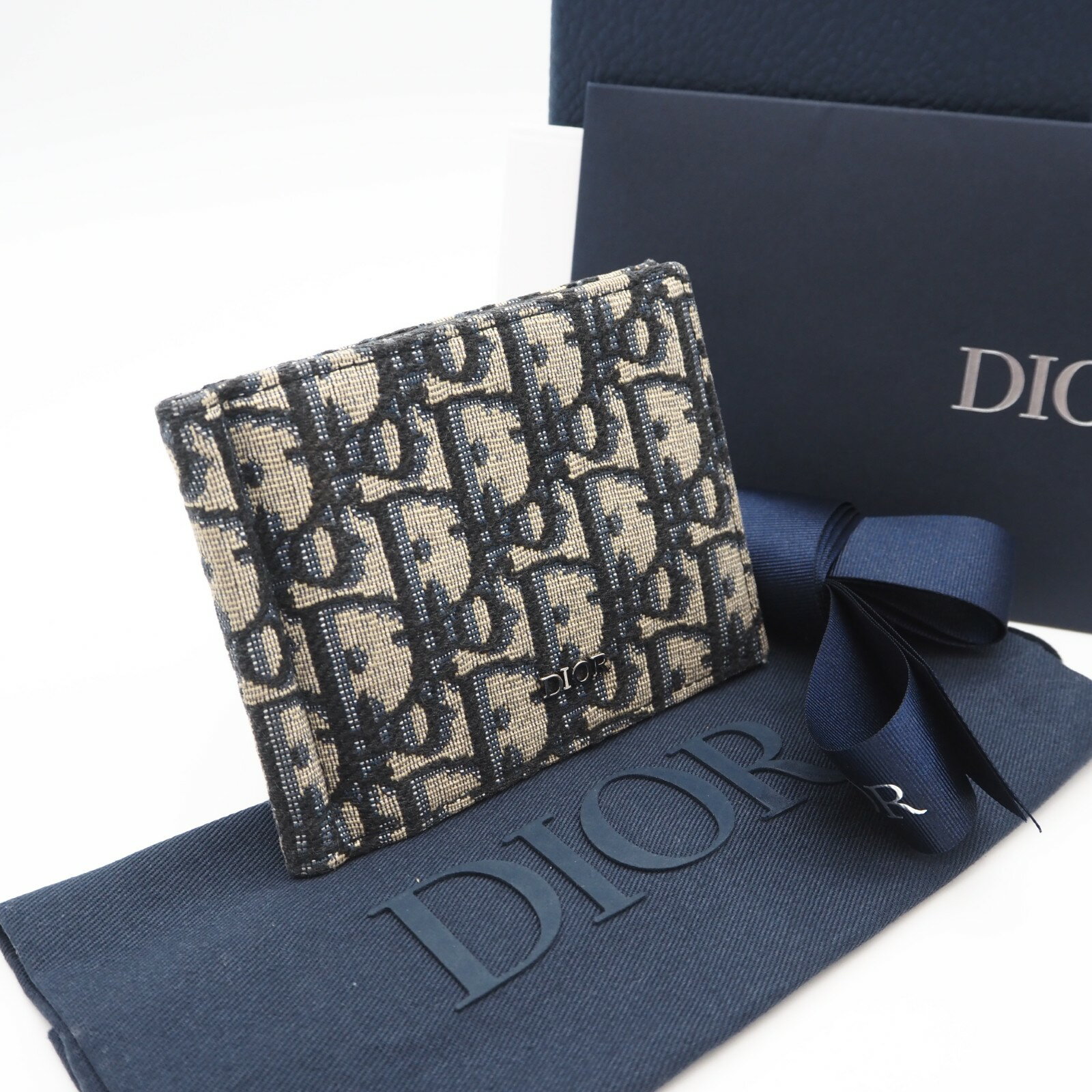 ★3日以内返品可★ 美品 Dior ディオール ディオール オブリーク ジャカード マネークリップ付き ウォレット 2ESBH069YSE マネークリップ ベージュ ネイビー キャンバス レザー メンズ【中古】