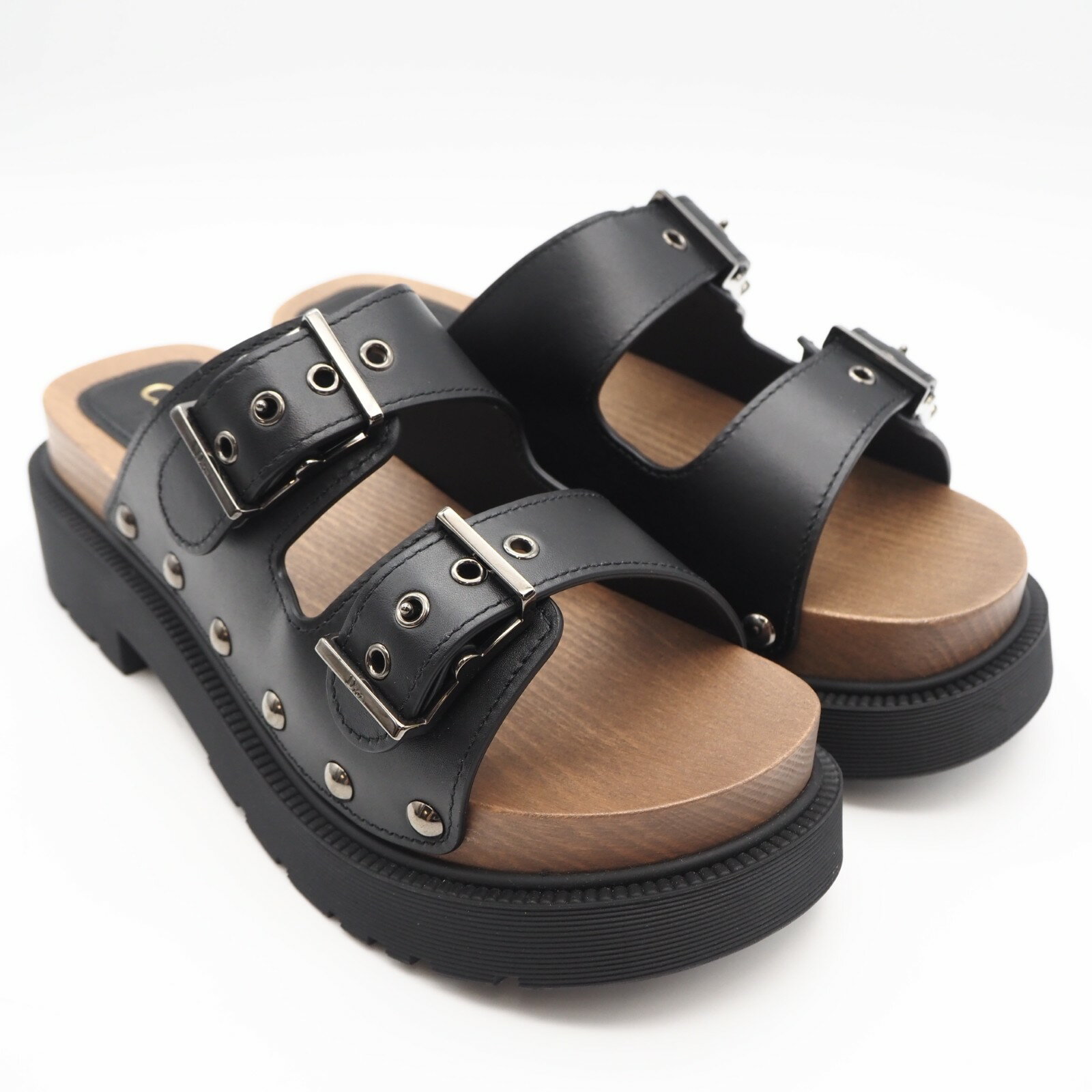 Rakuten - ★3日以内返品可★ 極美品 Christian Dior クリスチャンディオール ウッド レザー サンダル 6.5 24 MD0222 サンダル ブラック ブラウン レザー ウッド レディース【中古】