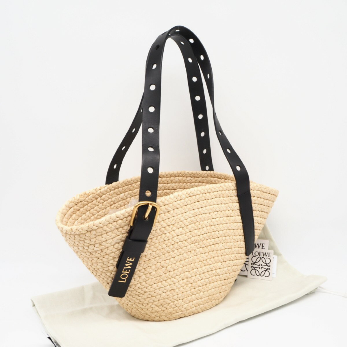 ★3日以内返品可★ 美品 LOEWE ロエベ ラフィア レザー パンチホール バスケットバッグ スモール A223BBPX01 ハンドバッグ ブラック ベージュ カーフレザー ラフィア レディース【中古】