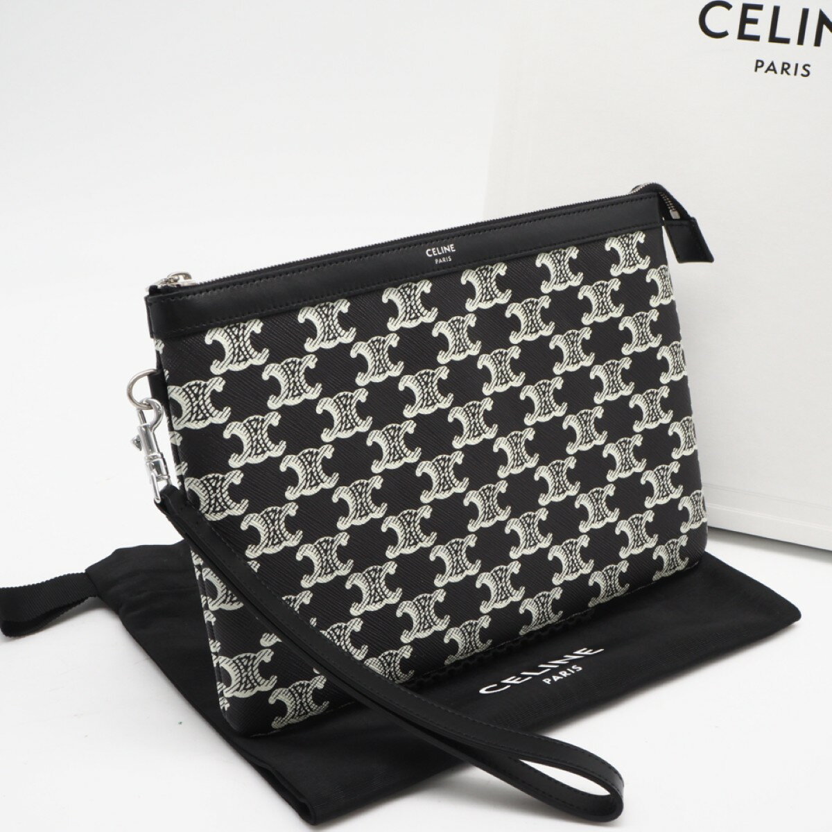 乐天商城 - ★3日以内返品可★ 極美品 CELINE セリーヌ トリオンフキャンバス ストラップ付きポーチ 10L682FSM-38AW クラッチバッグ ブラック ホワイト コーティングキャンバス レディース【中古】