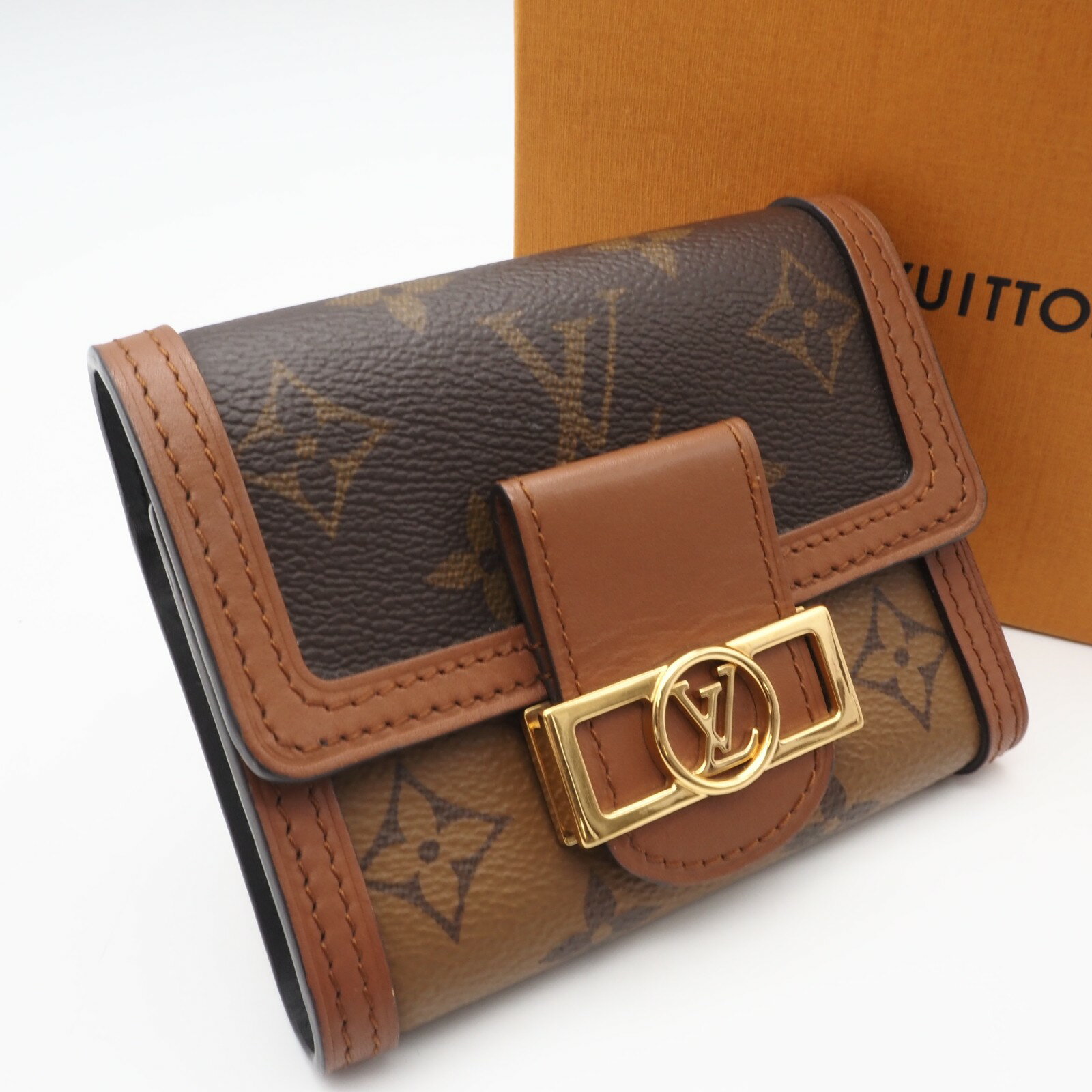 ★3日以内返品可★ 美品 LOUIS VUITTON ルイ ヴィトン モノグラム リバース ポルトフォイユ ドーフィーヌ コンパクト M68725 三つ折り財布 ブラウン ベージュ コーティングキャンバス レザー レディース【中古】