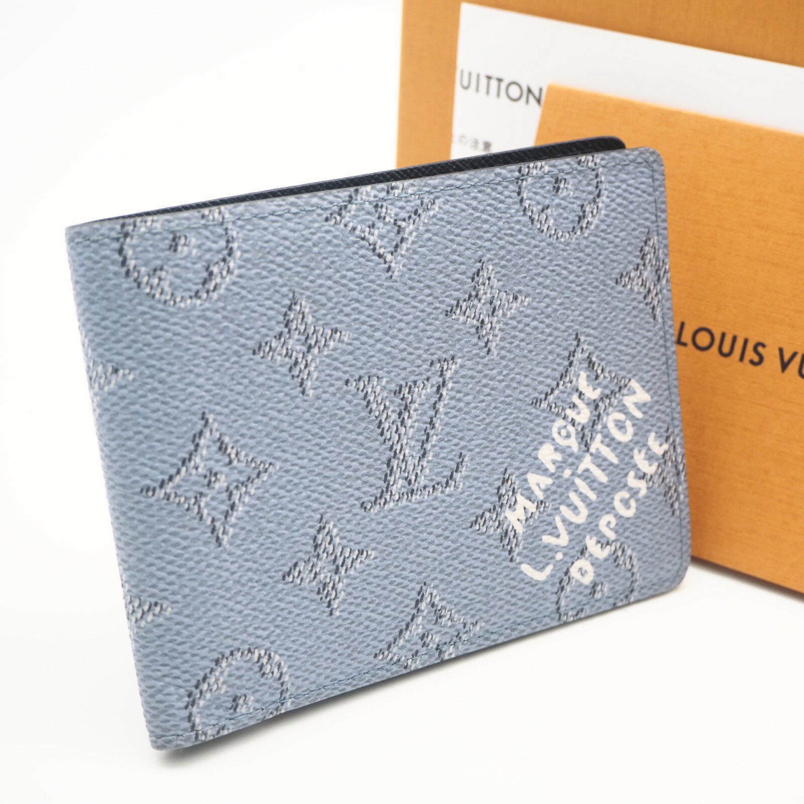 B, C, D, G, J, L, S, T, Z - ★3日以内返品可★ 美品 LOUIS VUITTON ルイ・ヴィトン モノグラム ヘリテージ キャンバス ポルトフォイユ ミュルティプル M14691 三つ折り財布 ブルー コーティングキャンバス レザー メンズ【中古】