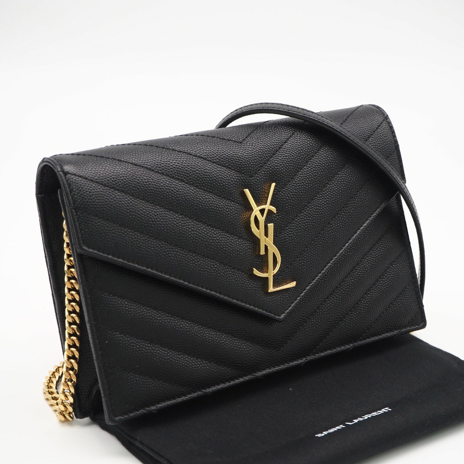 Rakuten - ★3日以内返品可★ 美品 SAINT LAURENT PARIS サンローランパリ グレインカーフ カサンドラ チェーンウォレット 393953 ショルダーバッグ ブラック グレインカーフレザー レディース【中古】