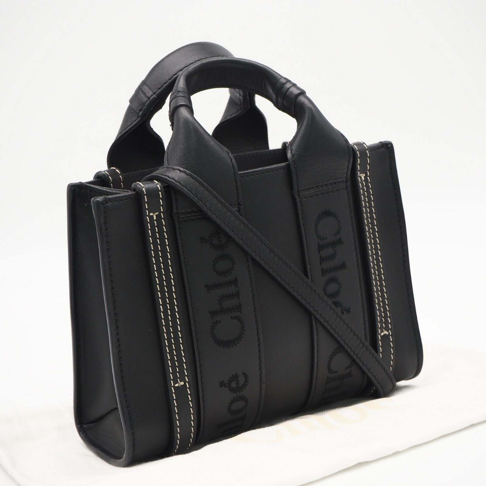 Rakuten - ★3日以内返品可★ 美品 Chloe クロエ カーフレザー ウッディ ミニトートバッグ CHC23UP237I60 2wayショルダーバッグ ブラック カーフレザー レディース【中古】