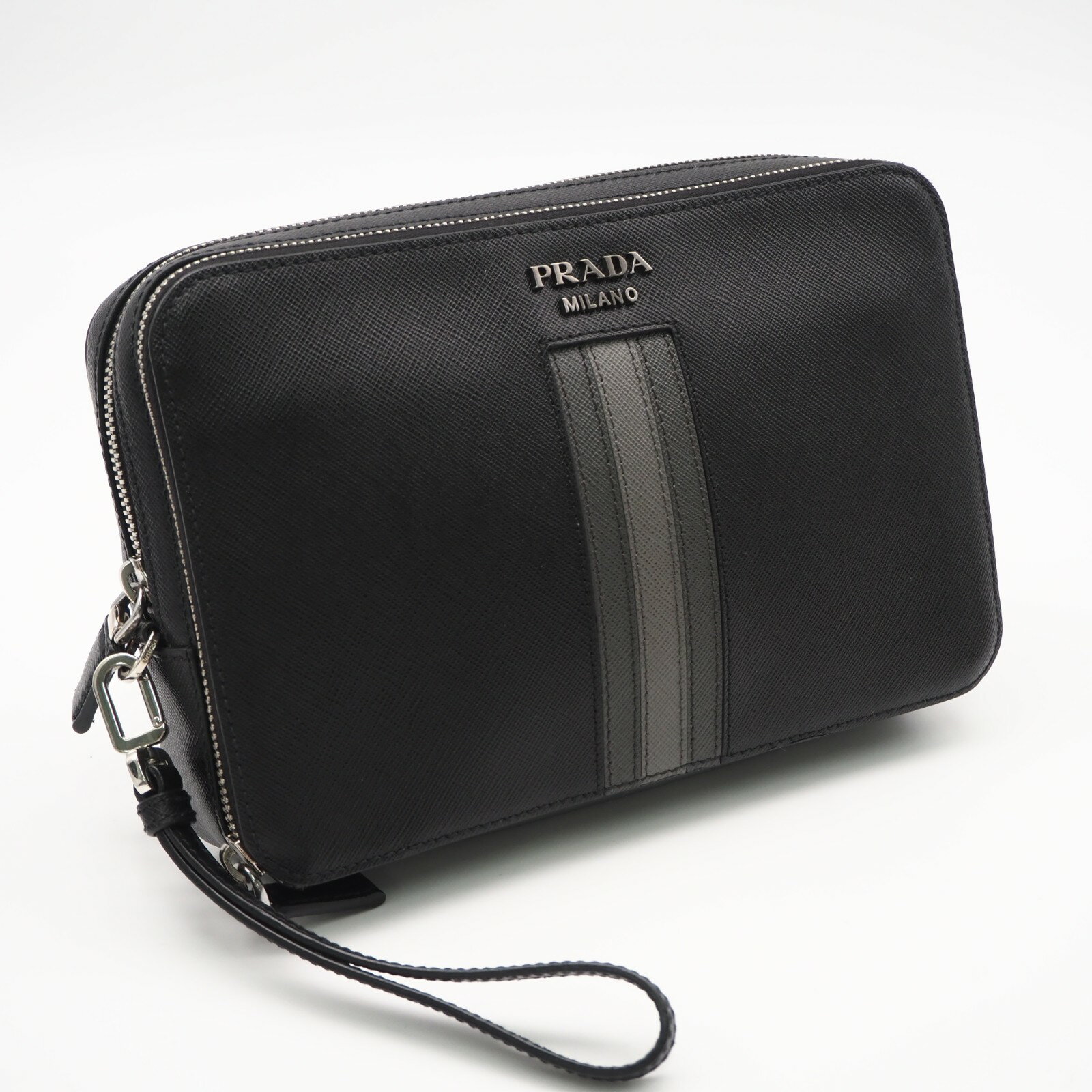 Rakuten - ★3日以内返品可★ 美品 PRADA プラダ サフィアーノ セカンドバッグ 2VF052 クラッチバッグ ブラック グレー サフィアーノ メンズ【中古】