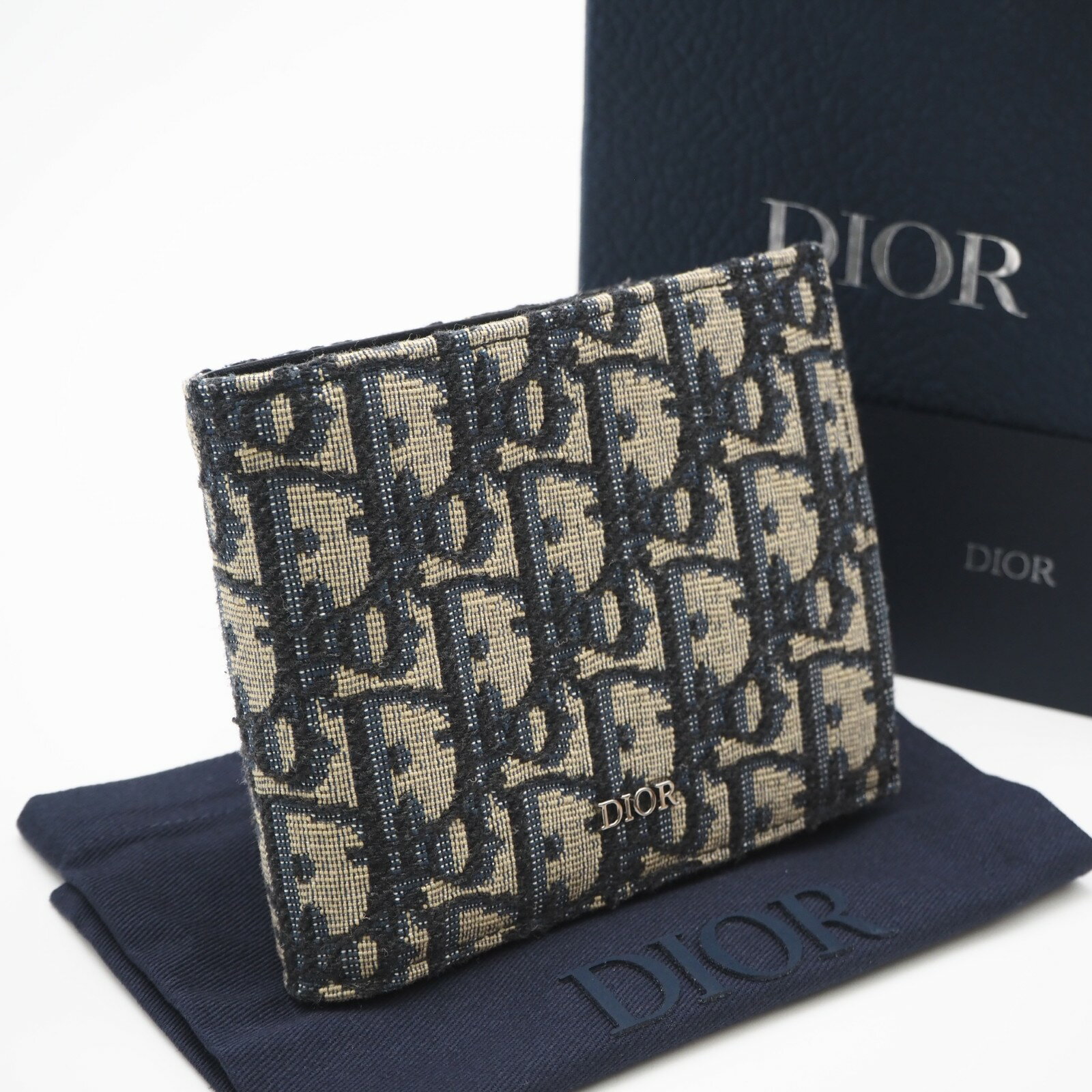 乐天商城 - ★3日以内返品可★ 美品 Dior ディオール ディオール オブリーク ジャカード コインケース付き ウォレット 2OBBH027YSE_H05E 二つ折り財布 ネイビー ベージュ キャンバス レザー メンズ【中古】