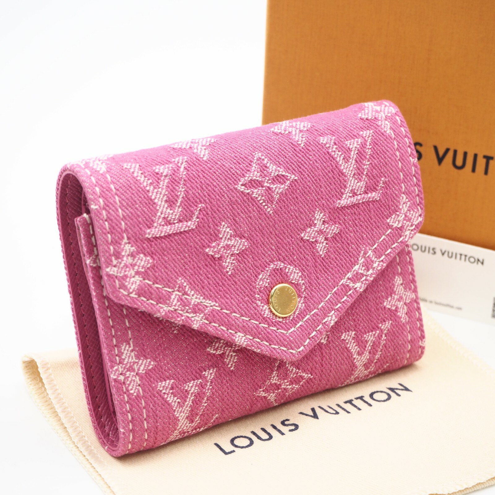 Rakuten - ★3日以内返品可★ 極美品 LOUIS VUITTON ルイ・ヴィトン モノグラム デニム ポルトフォイユ ヴィクトリーヌ フューシャ M27707 三つ折り財布 ピンク キャンバス レザー レディース【中古】