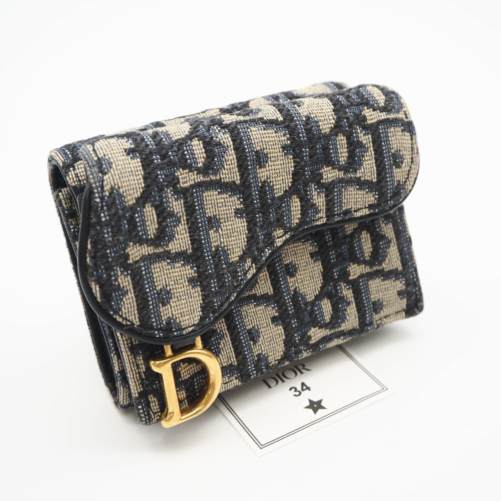Rakuten - ★3日以内返品可★ 美品 Christian Dior クリスチャンディオール ディオール オブリーク ジャカード サドル コンパクトウォレット - 三つ折り財布 ネイビー ベージュ キャンバス レザー レディース【中古】