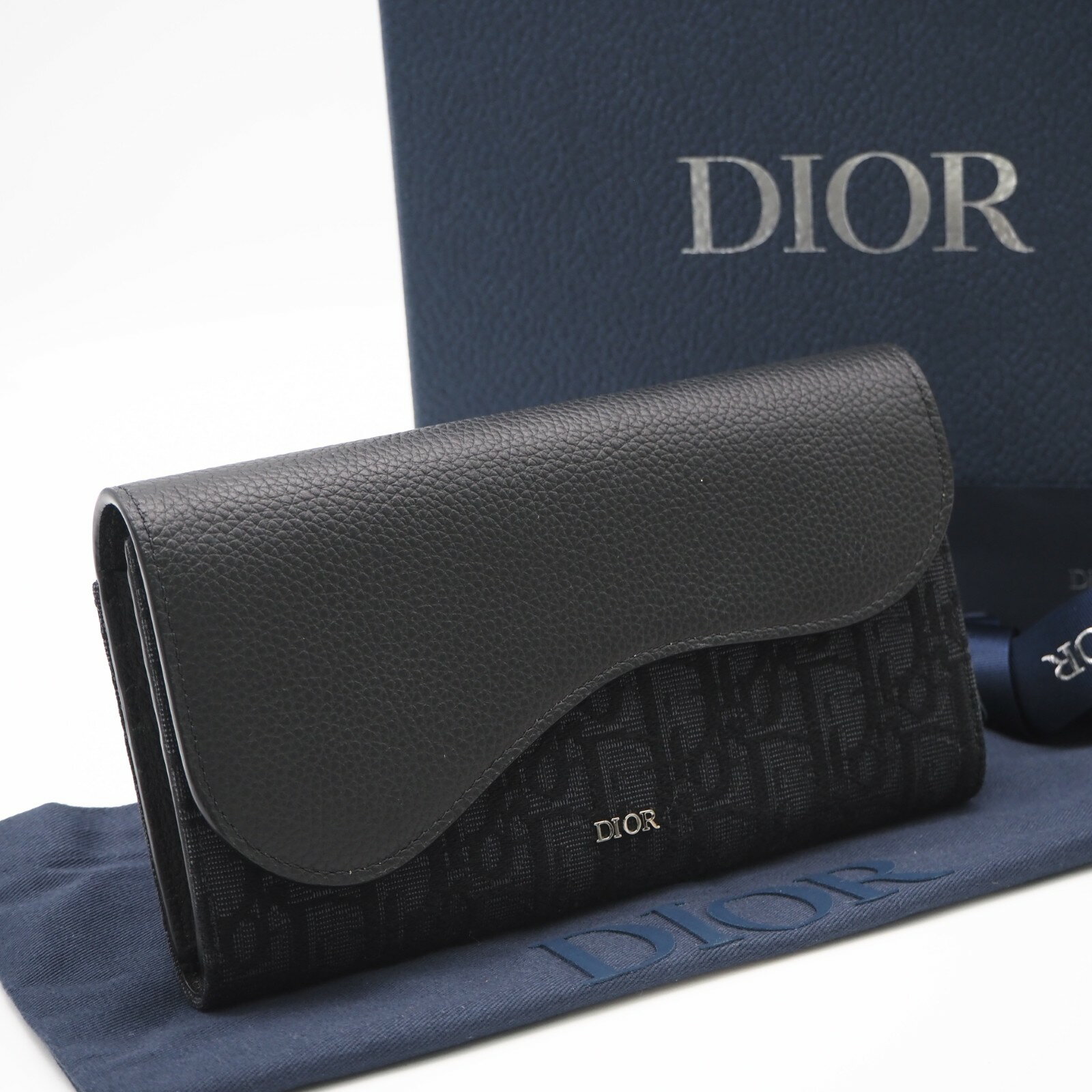 ★3日以内返品可★ 美品 Dior ディオール ディオール オブリーク ジャカード グレインドカーフスキン Saddle ロングウォレット 2ADBC321YKS 長財布 ブラック グレー キャンバス レザー メンズ【中古】