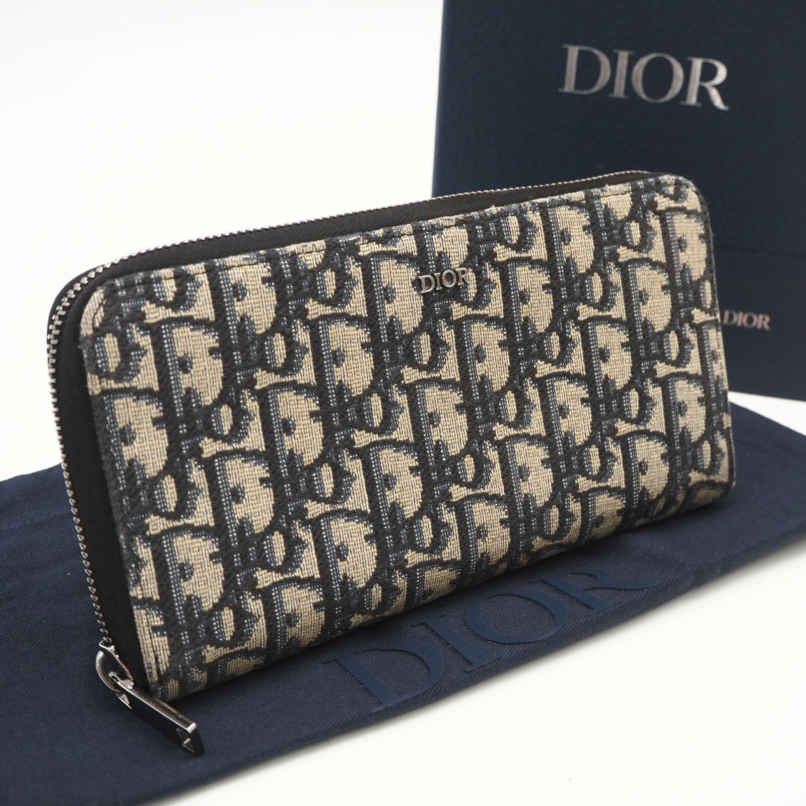 樂天商城 - ★3日以内返品可★ Dior ディオール オブリーク ジャカード ロングジップウォレット 2ESBC252YSE 長財布 ネイビー ベージュ キャンバス レザー メンズ【中古】