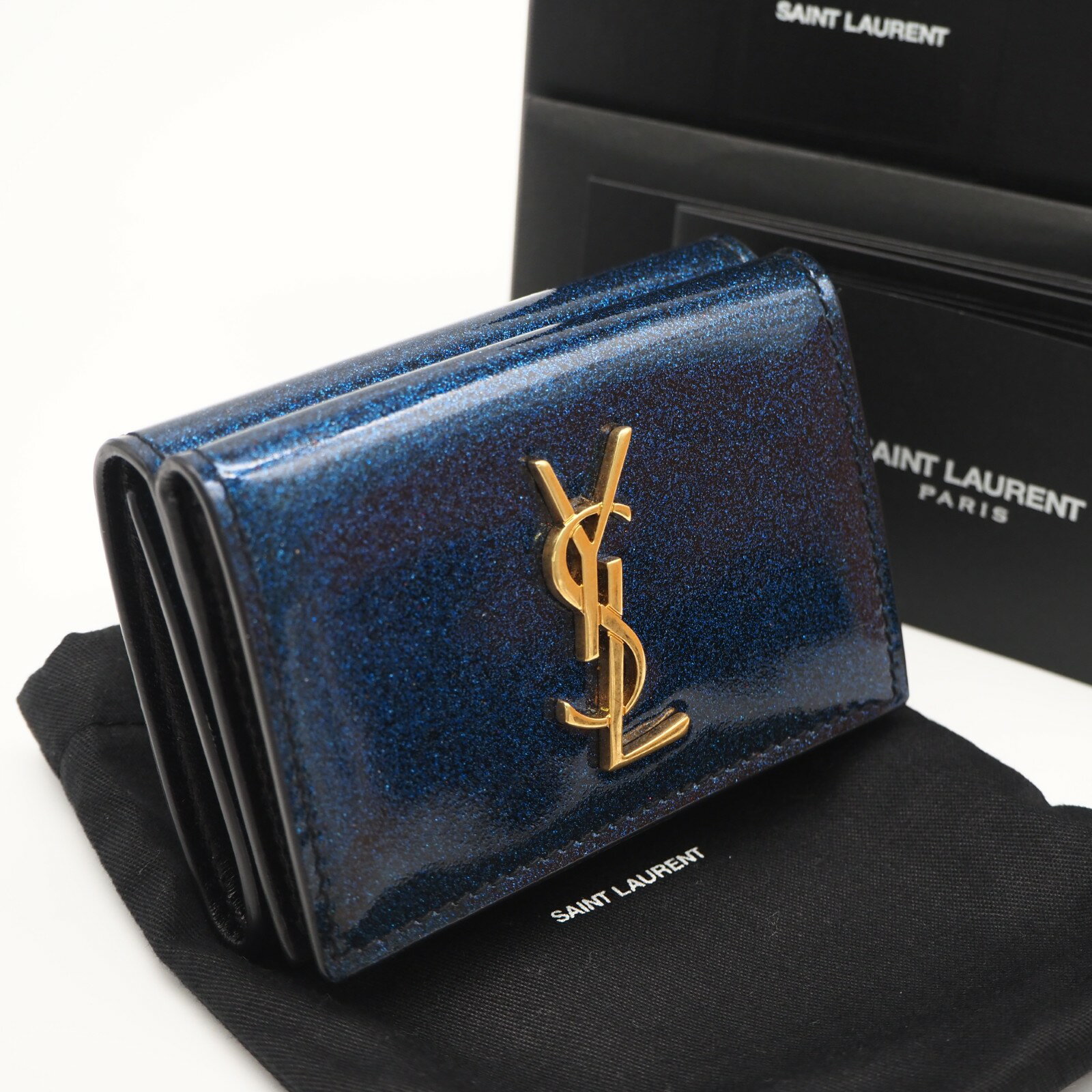 乐天商城 - ★3日以内返品可★ 美品 SAINT LAURENT PARIS サンローランパリ パテントレザー コンパクトウォレット ART517378 三つ折り財布 ブルー パテントレザー レディース【中古】