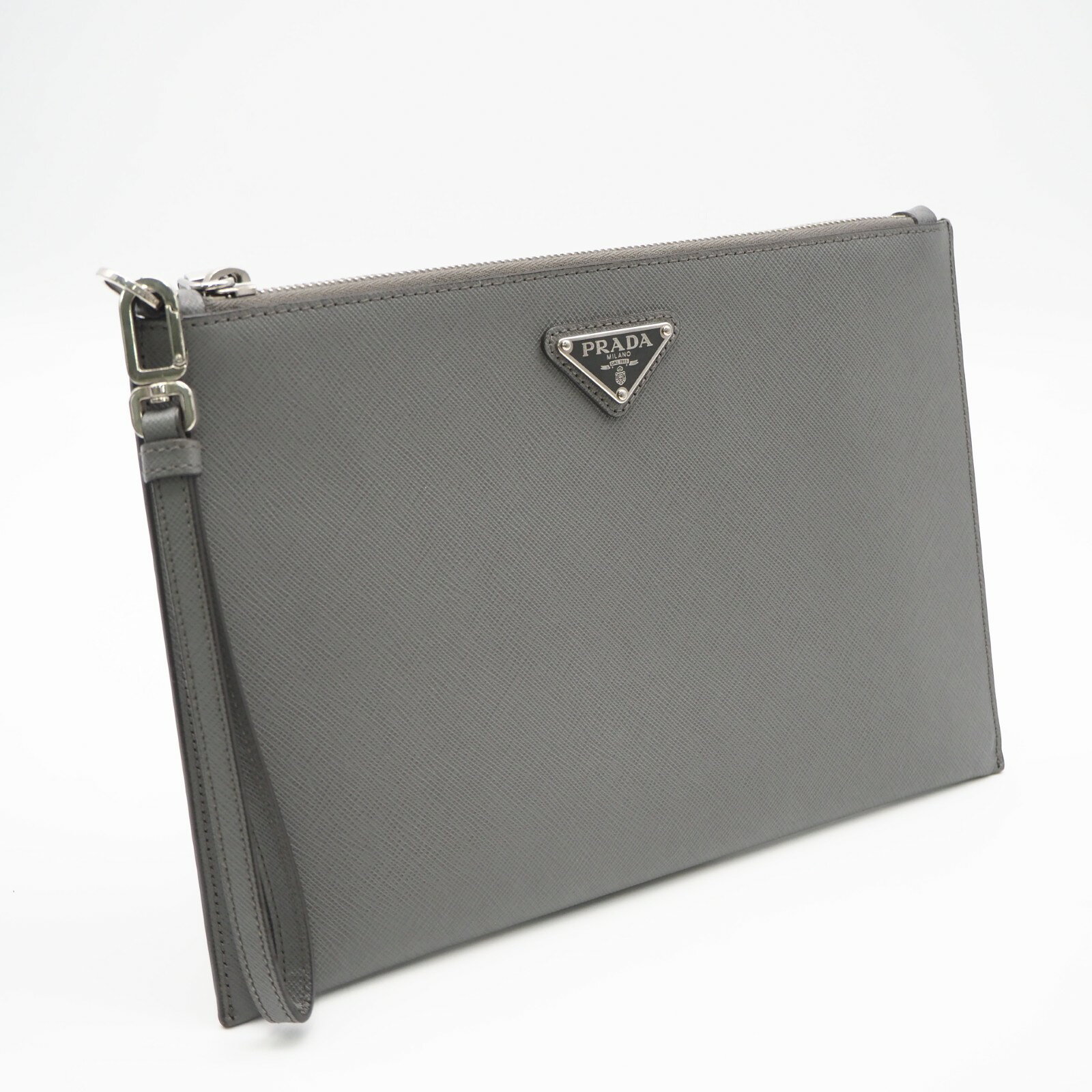 ★3日以内返品可★ 美品 PRADA プラダ Re-Nylon xサフィアーノ レザー ポーチ 2NH006 クラッチバッグ グレー サフィアーノ メンズ