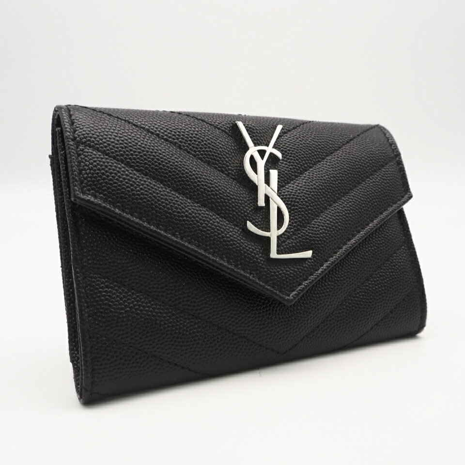★3日以内返品可★ 美品 SAINT LAURENT サンローラン カサンドラ モノグラム スモール エンベロープウォレット 414404 カードケース ブラック カーフレザー レディース【中古】