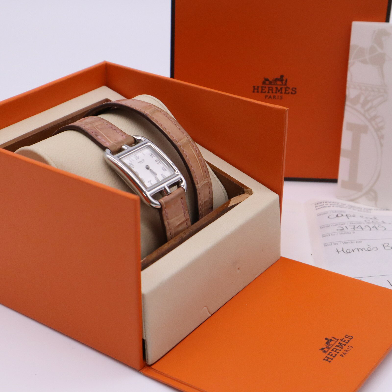 ★3日以内返品可★ HERMES エルメス ケープコッド 腕時計 ドゥブルトゥール クオーツ ステンレススティール 文字盤 ホワイト 稼働 CC1.210 腕時計 シルバー 文字盤ホワイト ベルトブラウン クォーツ レディース【中古】