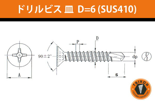 台灣小阪精工・小阪鋲螺製作所 ドリルビス 皿 D=6 (ステンレスSUS410) 4x13 (1000本) (BKF4013S6)
