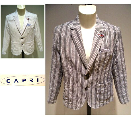 カプリ 春夏 50%OFF 合繊サッカー ジャケット 50・48 サイズ ホワイト・グレー 大きいサイズ サマージャケット ポケットチーフ メンズ 紳士服 40代 50代 CAPRI