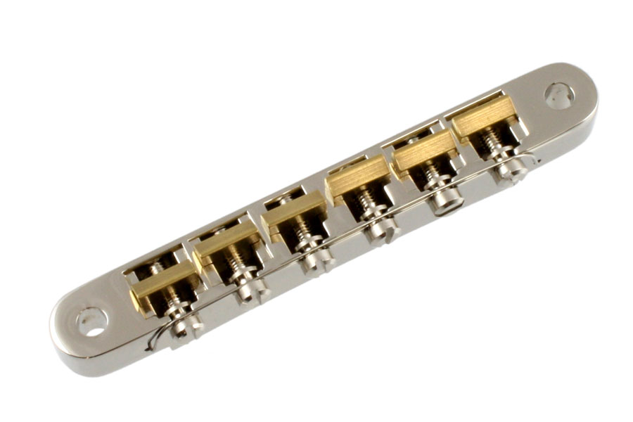 GB-0520-001 Nickel Tunematic Bridge ABR-1タイプのT.O.Mブリッジ ニッケル ブラスサドル 本体: ダイキャスト製 弦ピッチ: 2-1/16" (約10.5mm) スタッド幅: 2-29/32" (約73.8mm) ※在庫切れの際は、お取り寄せにお時間をいただく場合がございます。