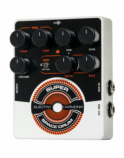 electro-harmonix Super Space Drum 1979年に発表されたSuper Space Drumの忠実なリイシューで、アナログシンセ技術を使いディープなキックドラムからハイタム、サイファイ・ドラムなどの衝撃的なサウンドを生み出します。本体上のプッシュボタンまたは外付けのエレクトリックドラムパッド(MIDI非対応)でトリガーが可能です。AUXインプットに入力された外部音源はゲーテッドアンプを通ります。Super Space Drumですばらしいシンセサウンドを作りだし、コントロール、マニュピュレートすることが可能です。 ●Specs ヴィンテージのサウンドと雰囲気滴るアナログ・ドラムシンセサイザー ディープなキックドラムからハイタム、サイファイ・ドラムなど一連のすばらしいパーカッシヴサウンドを作りだします。 本体上のプッシュボタン、外付けドラムパッド(MIDI非対応)、クロックジェネレーターなどからトリガーが可能。 外部音源をAUXインプットに入力しプロセスが可能 EHXのClockworks Rhythm Generator/Synthesizer, 8 Step Program Ananlog Expression/CV Sequencerやその他の同様のデバイスとの使用が可能。 電源：9Vバッテリー or 9VDCセンターマイナスアダプター JP9.6DC-200(付属) 寸法: 102mm (w) x 121mm (l) x 89mm (h) ※在庫切れの際は、お取り寄せにお時間をいただく場合がございます。