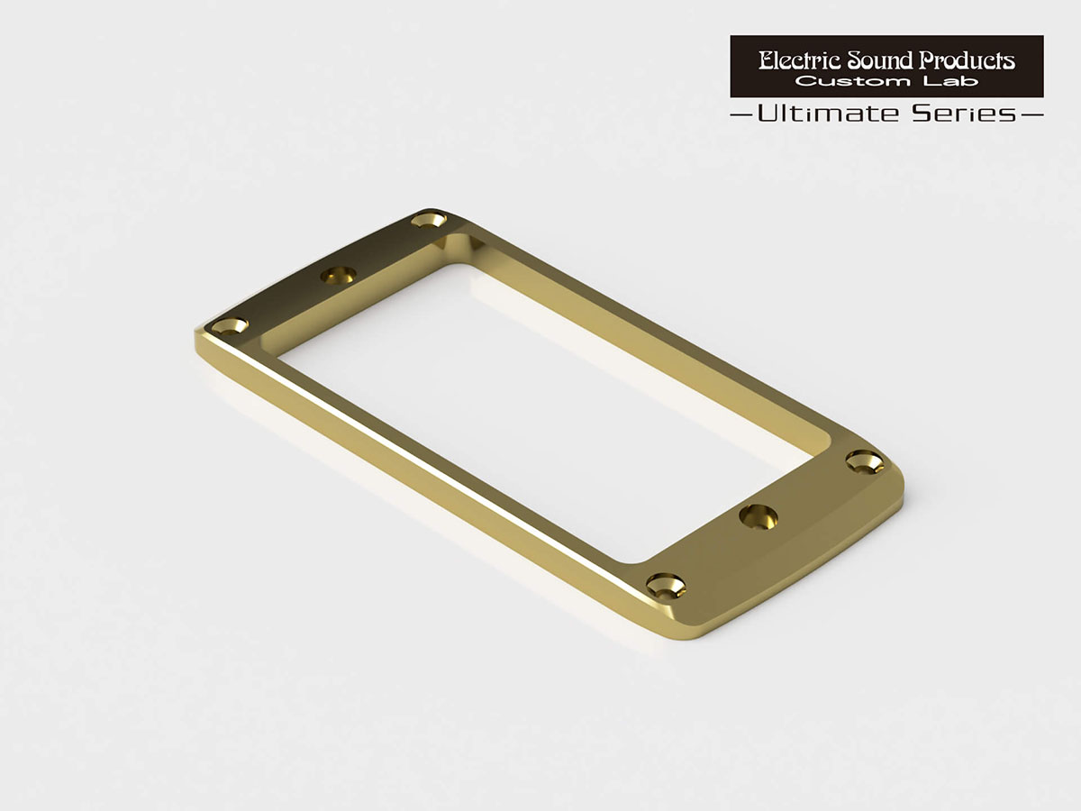 ESP Beveled PU Ring Flat-2 Brass Gold 弦数：6弦用 素材：ブラス 付属品：取付ビス 4本 平均重量：約52g (取付ビスを除く) ESP Exhibition Limitedのために開発された究極のパーツ、ESP カスタムラボ・アルティメイトシリーズ。 切削加工にて製作された金属製エスカッション。ピックアップ取り付けビスを落とし込み、両端にアールとエッジを付けることでピッキングの引っ掛かりを防ぎます。底面に角度が付いていないため、ボディに対してネックがフラットにセットされたギター用です。表面処理はメッキ仕上げです。 ※通常のエスカッションよりも外形が大きいためサイズをご確認下さい。 ※受注生産品のためご注文頂いてから納期が3〜4ヶ月かかります。