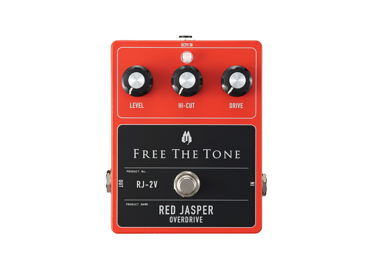 RED JASPER（RJ-1V）はFREE THE TONE 初のローゲインドライブペダルとして好評を得ておりましたが、一部のパーツ入手が困難となり2018 年に惜しまれつつも生産を終了しました。それから3年の月日を経てRED JASPERが復活いたします。 RED JASPER は、滑らかな高域、パンチのある中域、ふくよかで締まった低音、自然で心地よいコンプレッション感を兼ね備えたビンテージチューブアンプのようなサウンドが特徴です。このサウンドに磨きをかけるため、個々のパーツを慎重に吟味しながら選定しました。 一般的にオーバードライブは、ゲイン設定によって低音域の音の出方が変化します。ギターやアンプ、キャビネットの種類によっても低音域の出方は様々です。低音域の出過ぎや足りなさの補正をしたい状況は多々あると思います。 RJ-2V では低音域を調整するため、新たにローエンドの周波数特性を選択できるモード切替スイッチを内部に追加しました。低音域の周波数特性（カットオフ周波数）が異なるモードが4パターンあり、その中から選択することができます。ご使用されるギターやアンプの特性に合わせて低音域の出方を調整することができます。 またRED JASPTER は、高音域の調整機能としてHI-CUT のトーン回路を備えています。ギター本来の響きを忠実に増幅し自然なトーンを得ために、ギター信号の位相の変化を最小限に押さえたパッシブ回路を採用しています。ギターのトーンコントロールに似た自然な変化をします。左に回すと緩やかに高音域がカットされます。繊細でささやくようなトーンから力強く粘りのあるドライブサウンドまで、ギターの抑揚を表現力豊かにアウトプットします。 新たに生まれ変わったドライブペダルRED JASPER を是非体感してください。 ・厳選した信頼性の高いパーツを使用しています。 ・トーン回路（ハイカット）はギター信号の位相ズレを最小限に抑えたパッシブ回路を採用しています。 ・ローエンドの周波数特性を選択できるスイッチを装備。4 つのモードの中から選択できます。 ・驚異的なS/N 比の良さを実現しています。 ・RED JASPER は、HTS(Holistic Tonal Solution) 回路を搭載しています。HTS 回路は従来のバッファー回路とは異なり、ギターの持つサウンド特性を極限まで引出しながらインピーダンス変換を行い、「サウンド」と「低ノイズ」を両立しています。このHTS 回路がエフェクトOFF 時にもギター、ベースのサウンドの音質劣化を防ぎます。 ・出力信号は、入力信号と同位相で出力していますので、位相反転の心配はありません。 主な仕様 ●入力インピーダンス：500kΩ以上 ●出力負荷インピーダンス ：10kΩ以上 ●コントロール：LEVEL、HI-CUT、DRIVE ●端子：1/4 インチ標準フォーン・ジャック（入力、出力）、DC9V 入力ジャック（AC アダプター・ジャック） ●電源： DC9V 電池 (9V 形006P 型)、AC アダプター ●消費電流：DC9V 約15mA ●サイズ： 123(D) × 100(W) × 53(H)mm（フットスイッチやジャック等の突起物含む） ●重量：約320g（電池含まず） ※在庫切れの際は、お取り寄せにお時間をいただく場合がございます。