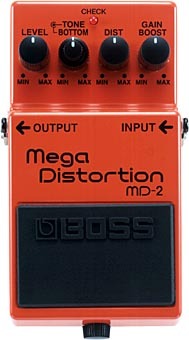 BOSS Mega Distortion MD-2 ギターが持つサウンド・キャラクターを活かしながら、多彩なハイゲイン・ディストーション・サウンドを自在につくり出せるのがMega Distortion MD-2です。 ※在庫切れの際は、お取り寄せにお時間をいただく場合がございます。 Controls LEVEL , TONE/BOTTOM , DIST , GAINBOOST ●電源／006P（1個）、ACアダプター（PSA-100）●消費電流／18mA（DC9V）●端子／入力、出力、リモート、ACアダプター●入力インピーダンス／1MΩ●出力負荷インピーダンス／10kΩ以上●寸法・重量／70(W)×55(H)×125(D)mm、410g