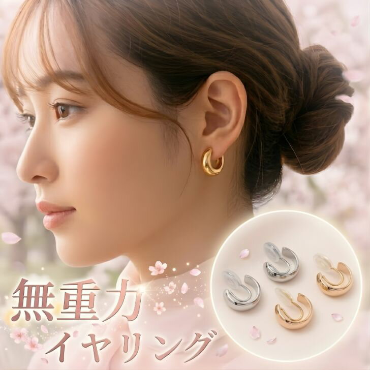 乐天商城 - 【 390円OFF クーポン 配付中！】 イヤリング 痛くない ピアス見え 2色セット ゴールド シルバー フープ 金属アレルギー対応 ニッケルフリー シリコンパッド付 ノンホールピアス 落ちにくい 小ぶり 上品 ケース付 ギフト プレゼント 買いまわり 送料無料 ポッキリ1000円