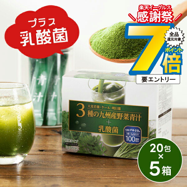 16日まで★P7倍※諸条件有 青汁 乳酸菌 粉末タイプ 送料無料 3種の九州産野菜青汁＋乳酸菌 3g×20袋×5個/計100袋(005)