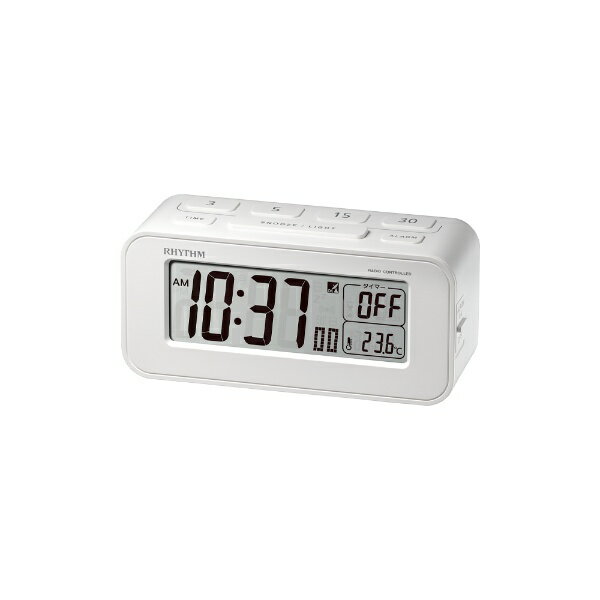 【当選確率1/2ポイントバックCP】RHYTHM リズム時計 クロック デジタル時計 電波めざまし時計 電子音アラーム ライト付 カレンダー 温度表示 白 8RZ231SR03