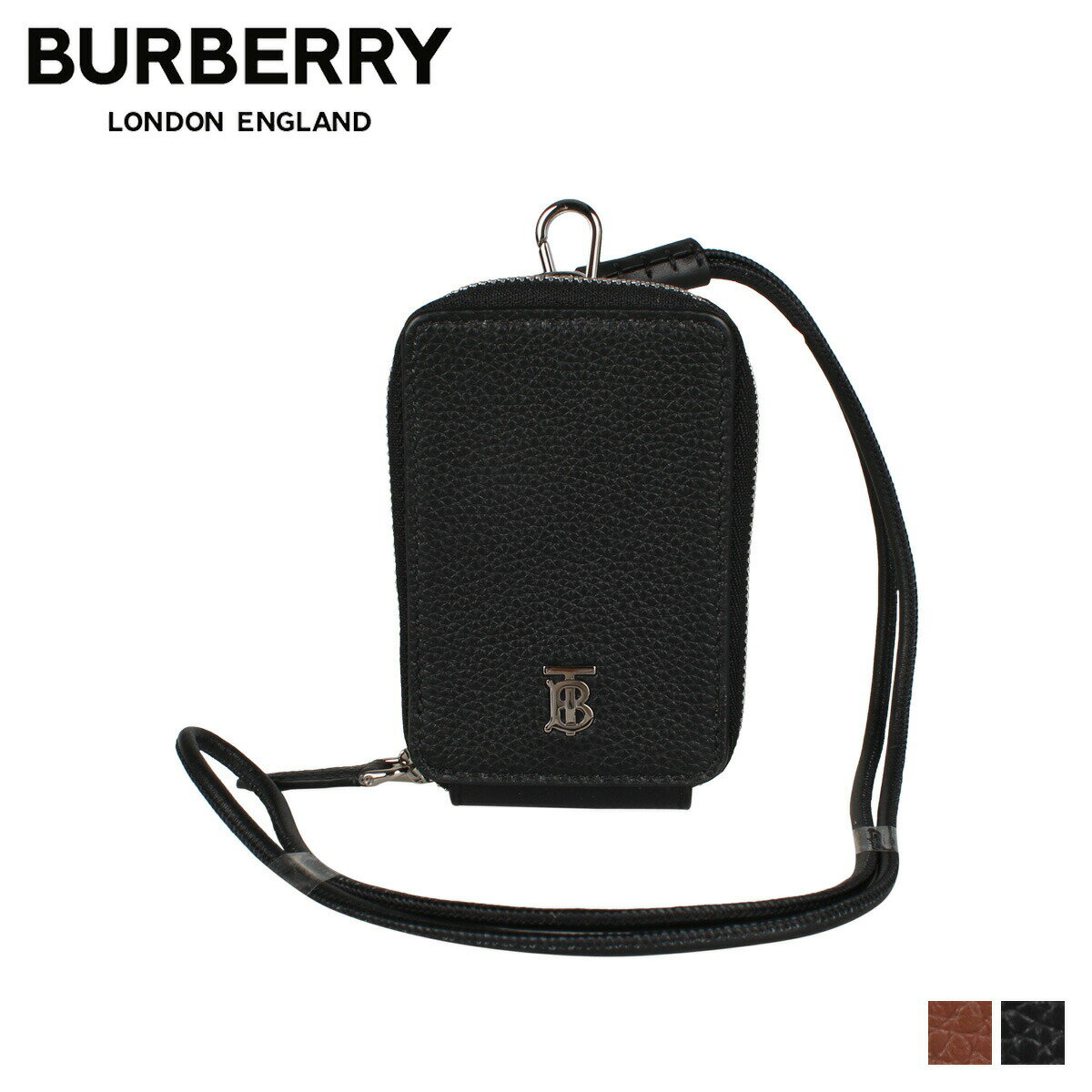 BURBERRY GRAINY LEATHER CARD CASE LANYARD バーバリー 財布 小銭入れ コインケース カードケース メンズ レディース ラウンドファスナー イタリア製 ブラック ブラウン 黒 115981