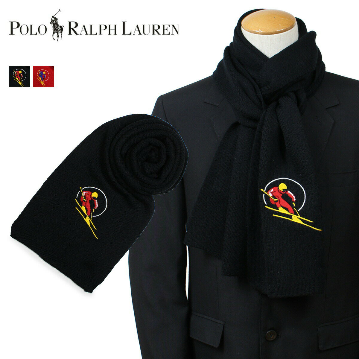 ラルフローレン 【最大1000円OFFクーポン配布中】 POLO RALPH LAUREN RETRO SKIER SCARF ポロ ラルフローレン マフラー メンズ ウール ブラック レッド PC0278