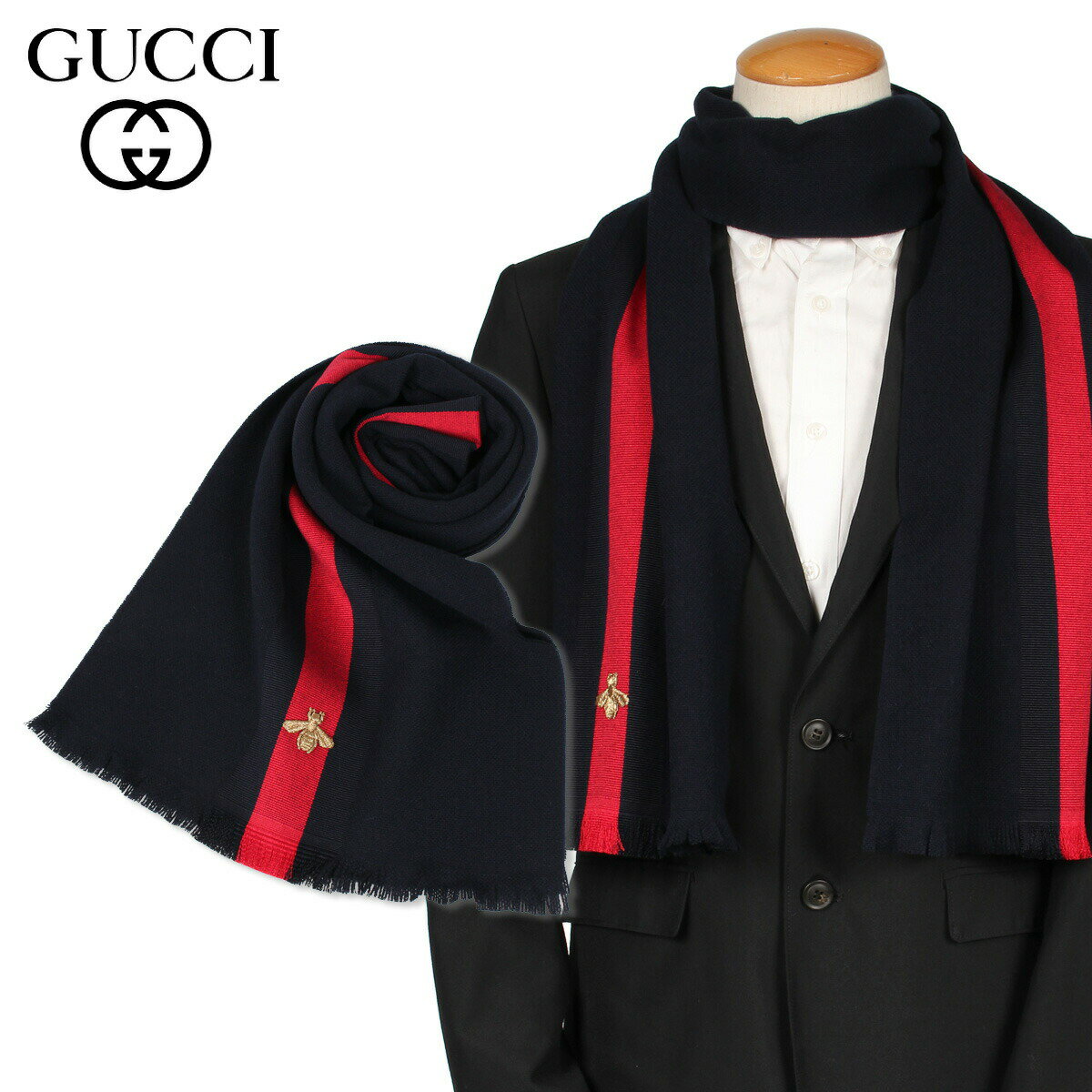 グッチ マフラー（レディース） GUCCI SC STRONG BEE SCARF グッチ マフラー ストール メンズ レディース カシミア ウェブストライプ ダーク ブルー 4755134G487