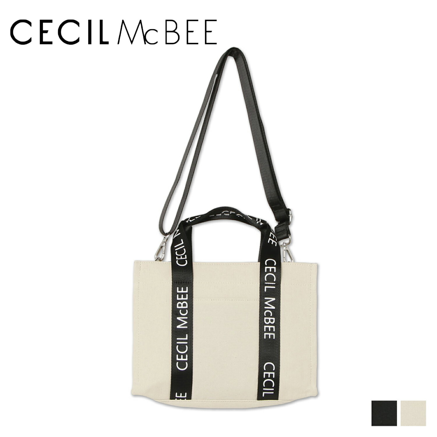 CECIL McBEE TOTE BAG セシルマクビー バッグ トートバッグ レディース Mサイズ ファスナー付き ロゴタイプ ブラック ホワイト 黒 白 CM121141