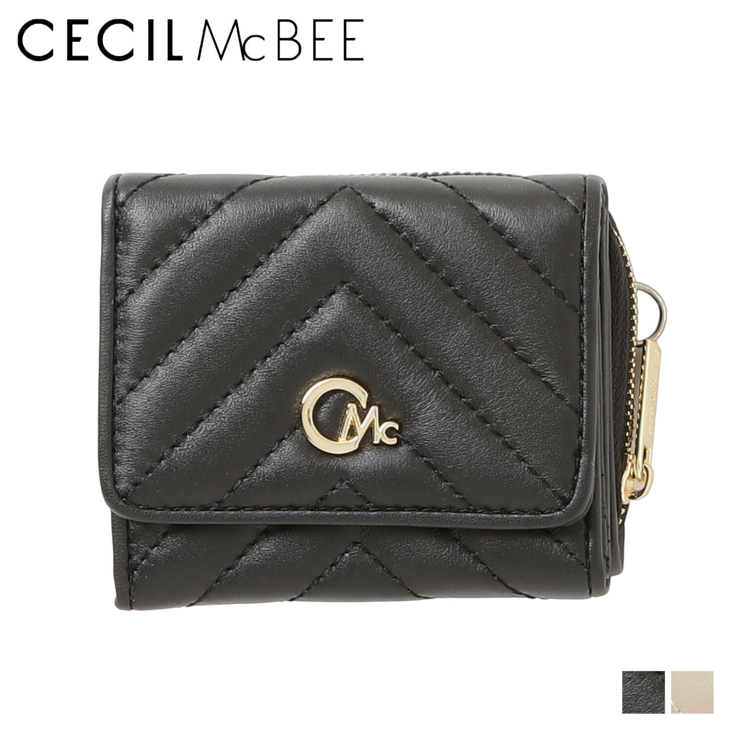 CECIL McBEE QUILT WALLET セシルマクビー 財布 三つ折り レディース ラウンドファスナー キルト ブラック ベージュ 黒 CM122093