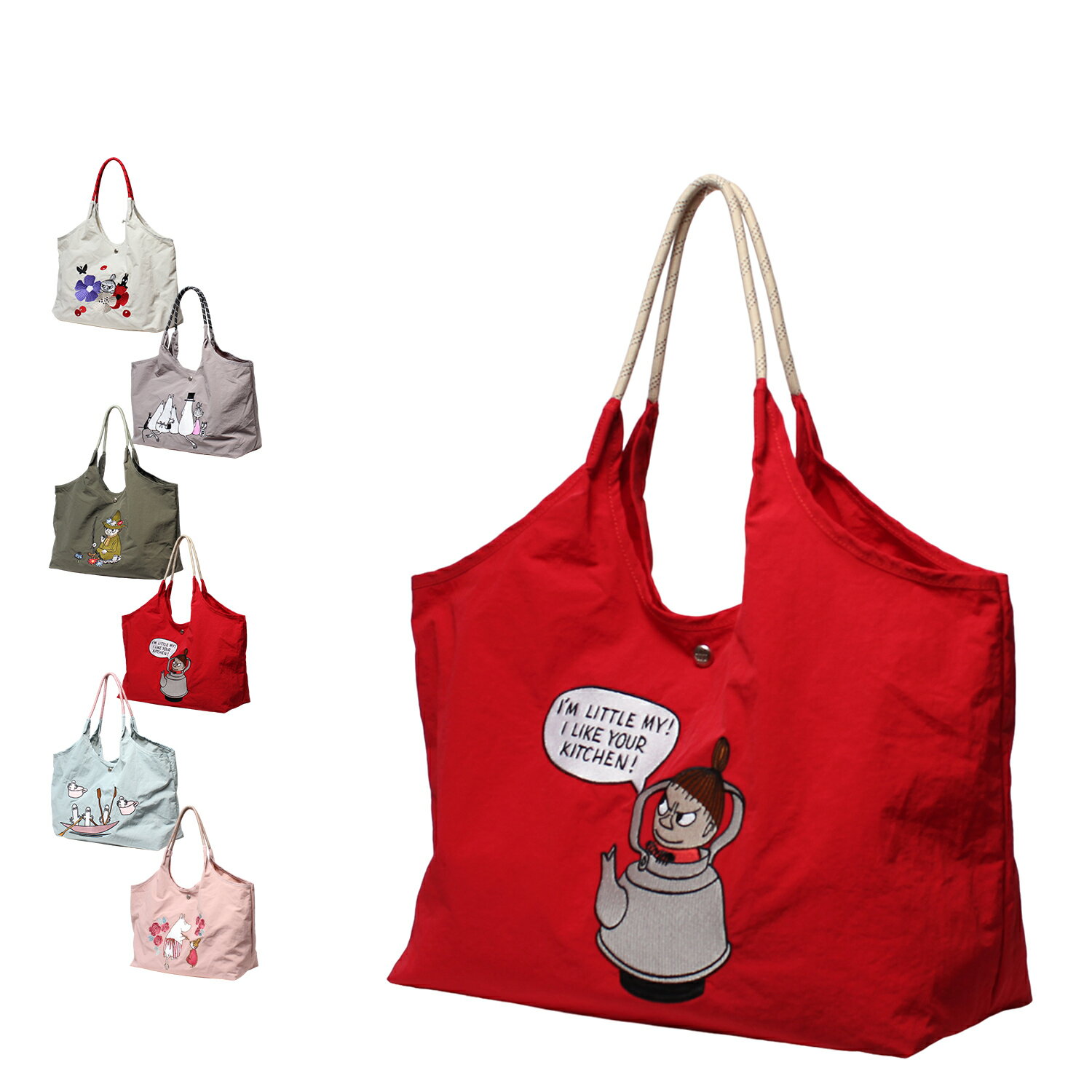 MOOMIN NYLON TOTE BAG ムーミン トートバッグ エコバッグ ミイ スナフキン ニョロニョロ レディース 15L 撥水 軽量 刺繍 グレー カーキ レッド ブルー RMPK-01 母の日