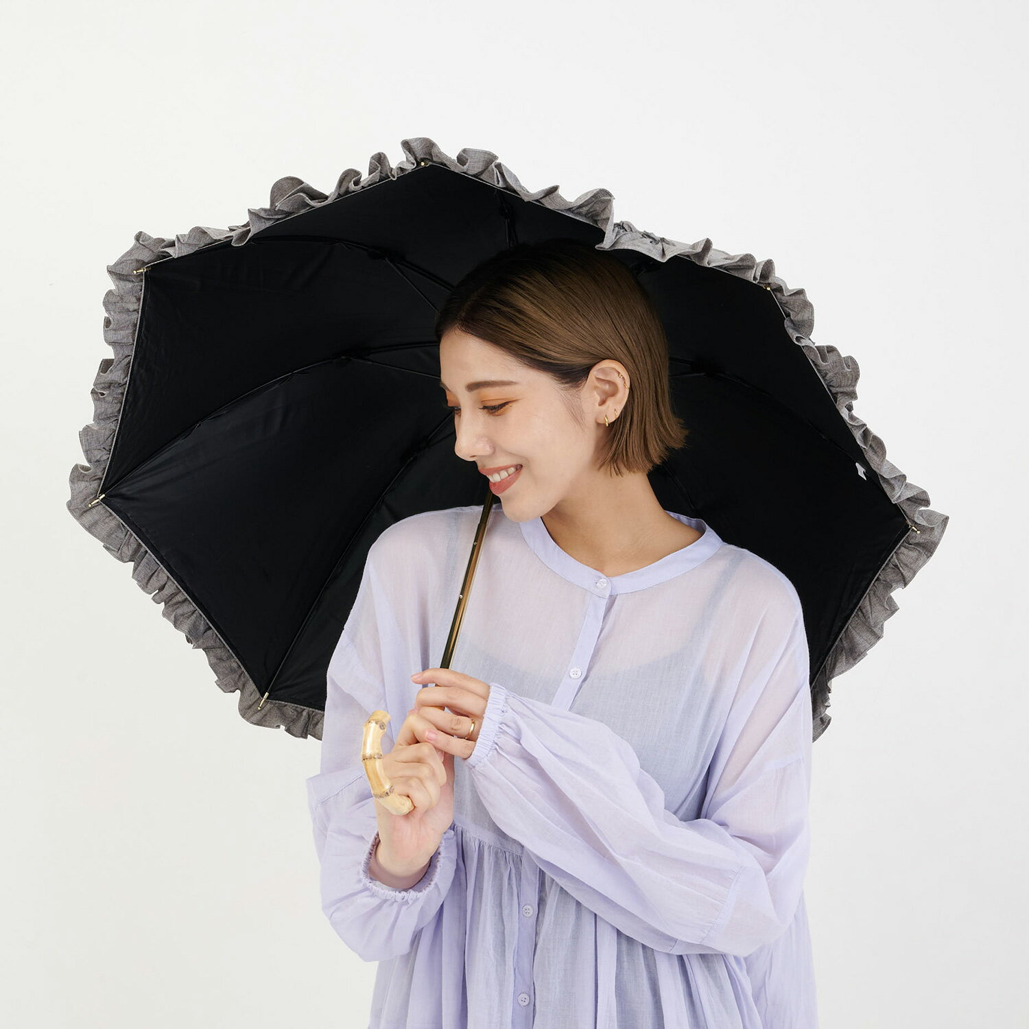 pinktrick リネン風フリル ピンクトリック 日傘 完全遮光 長傘 軽量 晴雨兼用 雨傘...