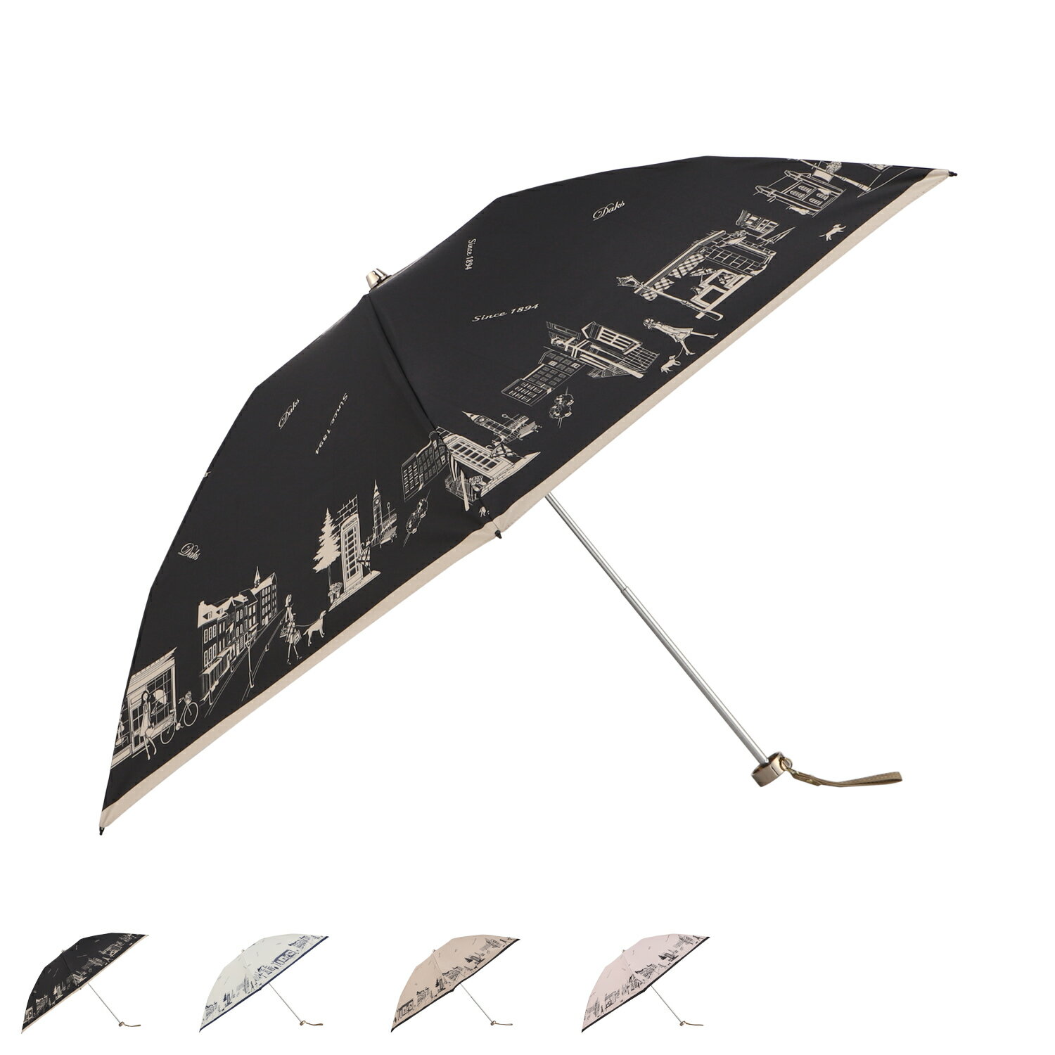 【最大1000円OFFクーポン配布中】 DAKS ダックス 日傘 雨傘 晴雨兼用 ミニ折りたたみ傘 3段 捺染プリント単色街並み柄 レディース 50cm UVカット 遮光 遮熱 紫外線対策 軽量 日本製 ブラック ホワイト ベージュ ピンク 黒 白 22-125-12215-02