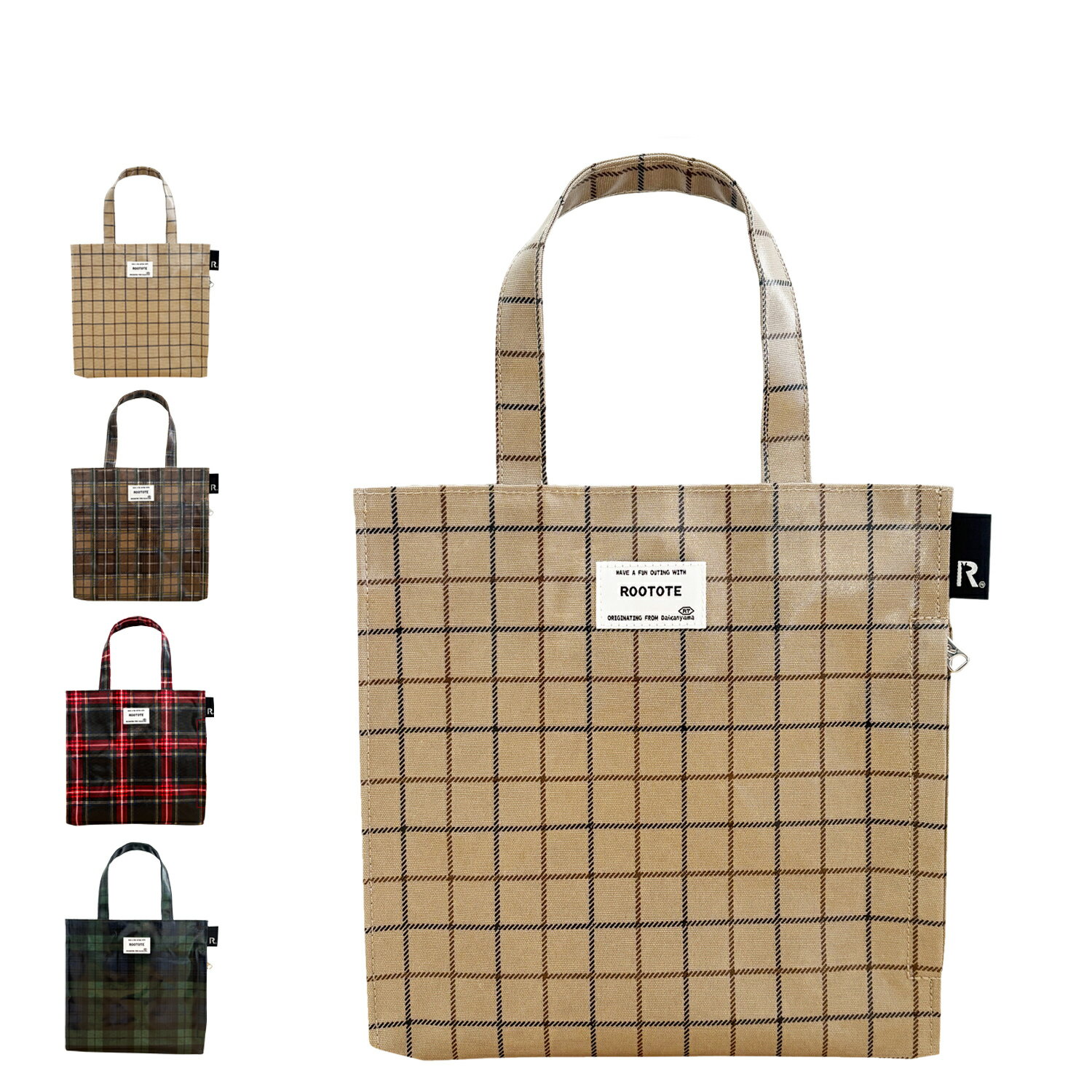 ROOTOTE ルートート バッグ トートバッグ EU.スクエア.ラミネート-T レディース 軽量 撥水 チェック柄 ベージュ ブラウン レッド グリーン 3606