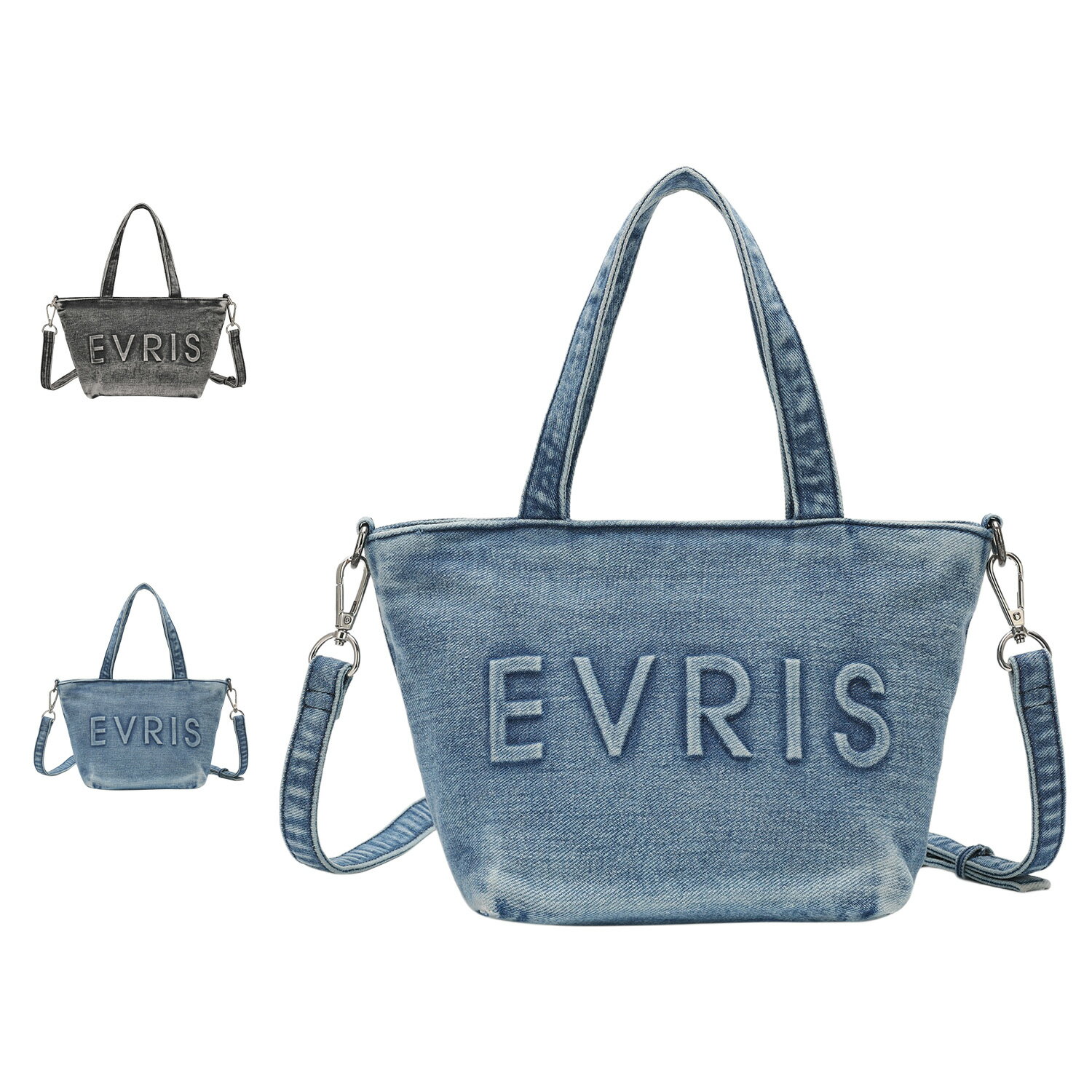 EVRIS ロゴエンボス エヴリス バッグ トートバッグ ミニ ショルダー レディース ファスナー付 軽量 斜めがけ 大人 軽量 ブラック デニム 黒 EVR-20200B