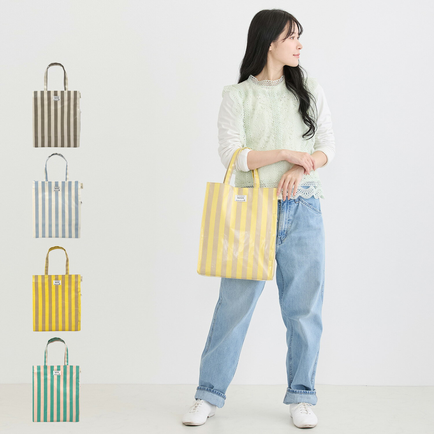 樂天商城 - ROOTOTE ルートート トートバッグ EU.アーキャトル.ラミネート-W レディース A4 軽量 撥水 ストライプ ブラウン ライト グレー イエロー グリーン 3529 母の日