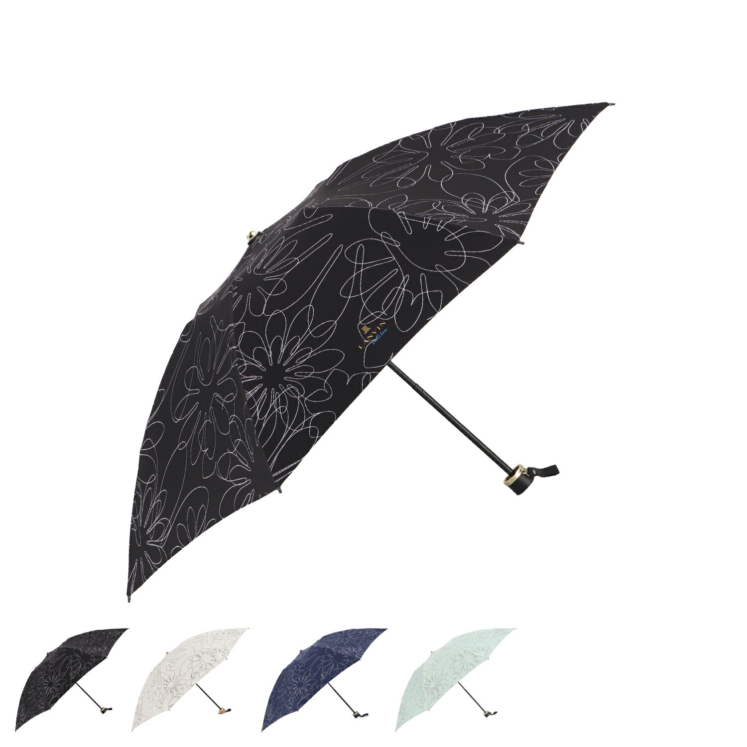 Rakuten - LANVIN en Bleu ランバンオンブルー 雨傘 折りたたみ傘 手書きフラワー 耐風傘 レディース 軽量 丈夫 コンパクト ブラック ホワイト ネイビー グリーン 黒 白 21-084-11107-02