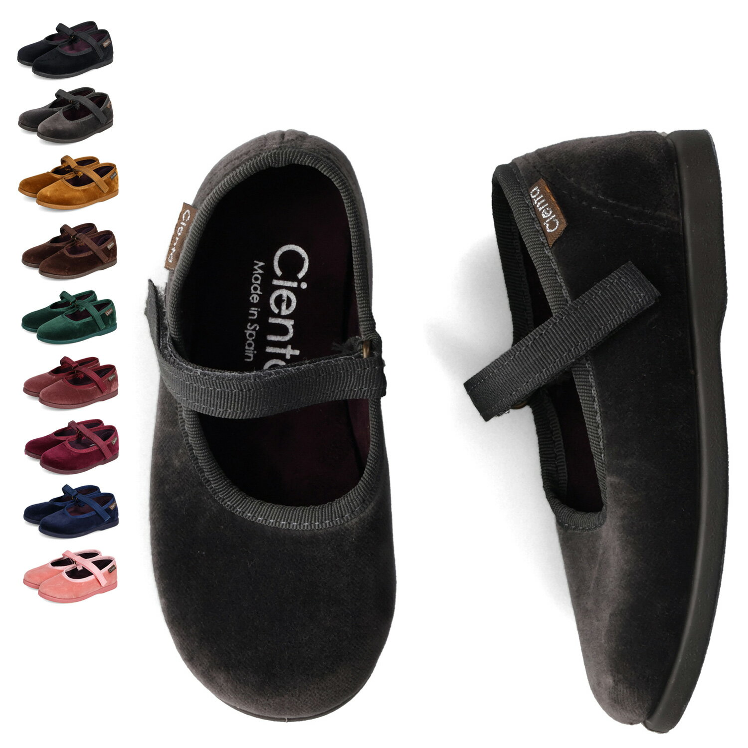 Cienta ベロアワンストラップシューズ シエンタ ベロア シューズ ベルクロシューズ 子供靴 ベビー キッズ ブラック グレー ベージュ ブラウン グリーン ピンク 黒 400 075