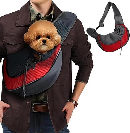 Knapsack Carrier - ペットスリング メッシュ ペット バッグ 犬 抱っこ紐 小型犬 猫 キャリーバッグ 斜めショルダーバッグ ポケット付き 通気性 調節可能 耐久性 飛び出し防止 長さ調節可能 猫 キャリー お出かけ抱っこ （レッド、L）