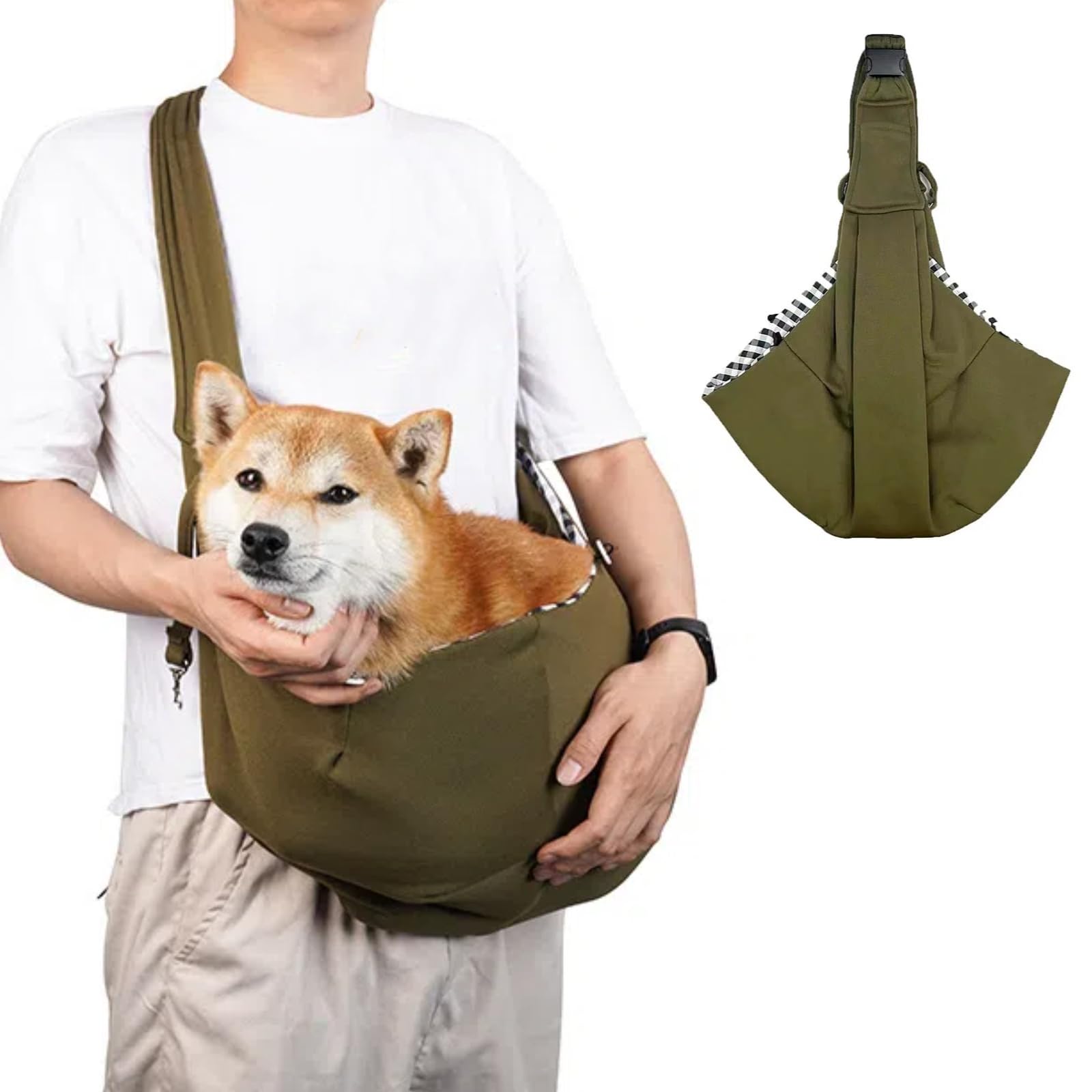 Knapsack Carrier - ペットスリング ペット バッグ 犬 抱っこ紐 小型犬 猫 キャリーバッグ 斜めショルダーバッグ ポケット付き 通気性 調節可能 耐久性 飛び出し防止 長さ調節可能 猫 キャリー お出かけ抱っこ （アーミーグリーン）